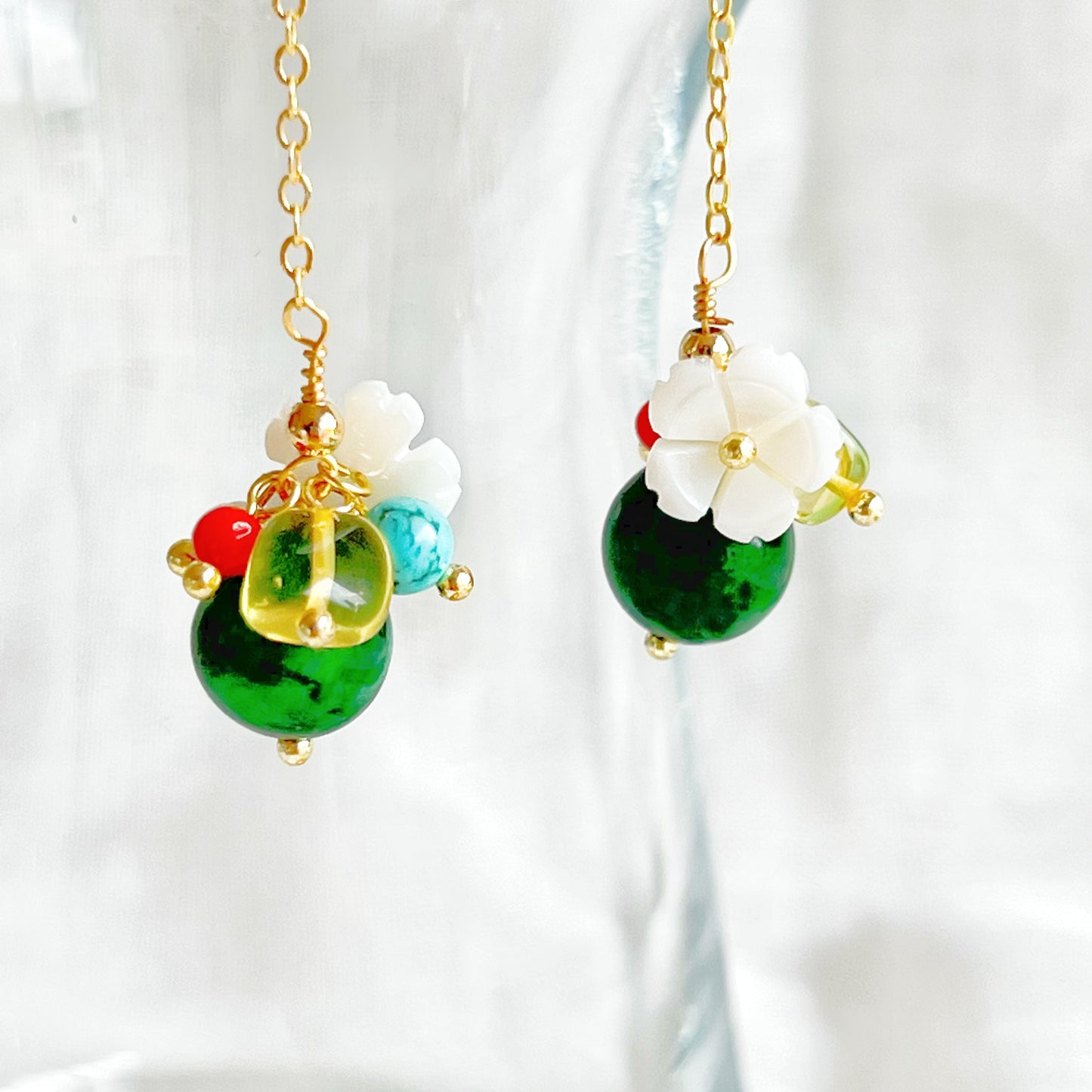 Emerald Green Jade and Flower Drop Earrings-Ninaouity