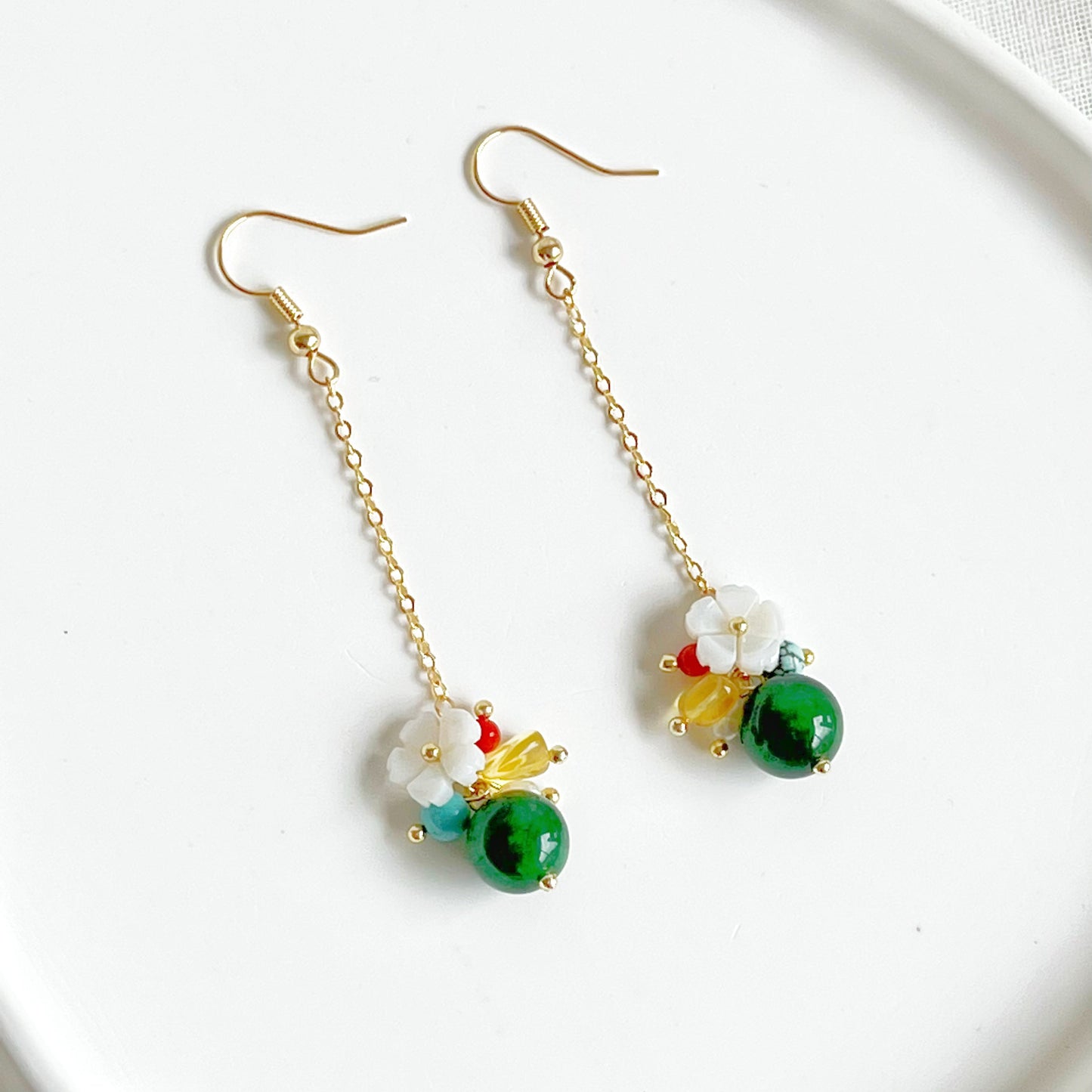 Emerald Green Jade and Flower Drop Earrings-Ninaouity