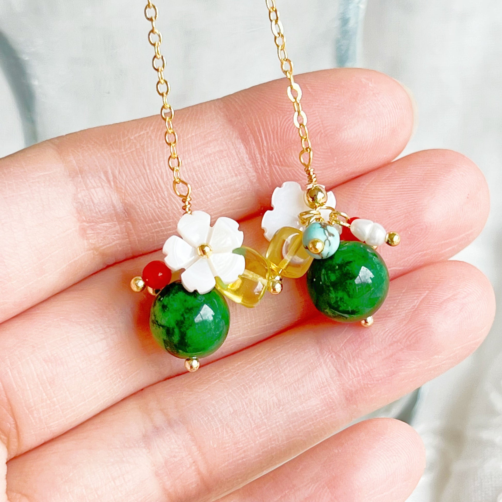 Emerald Green Jade and Flower Drop Earrings-Ninaouity