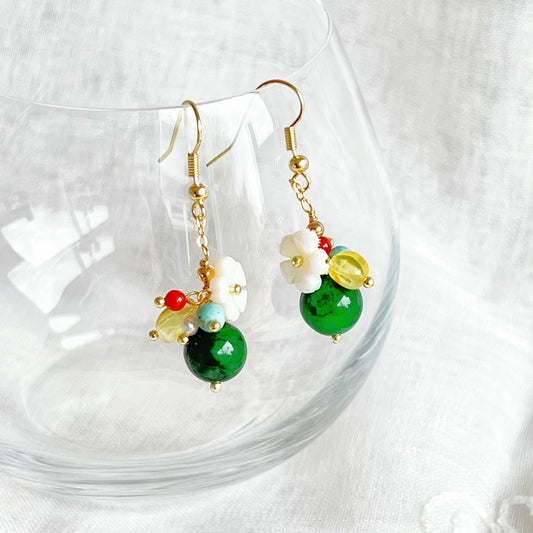 Emerald Green Jade and Flower Drop Earrings-Ninaouity