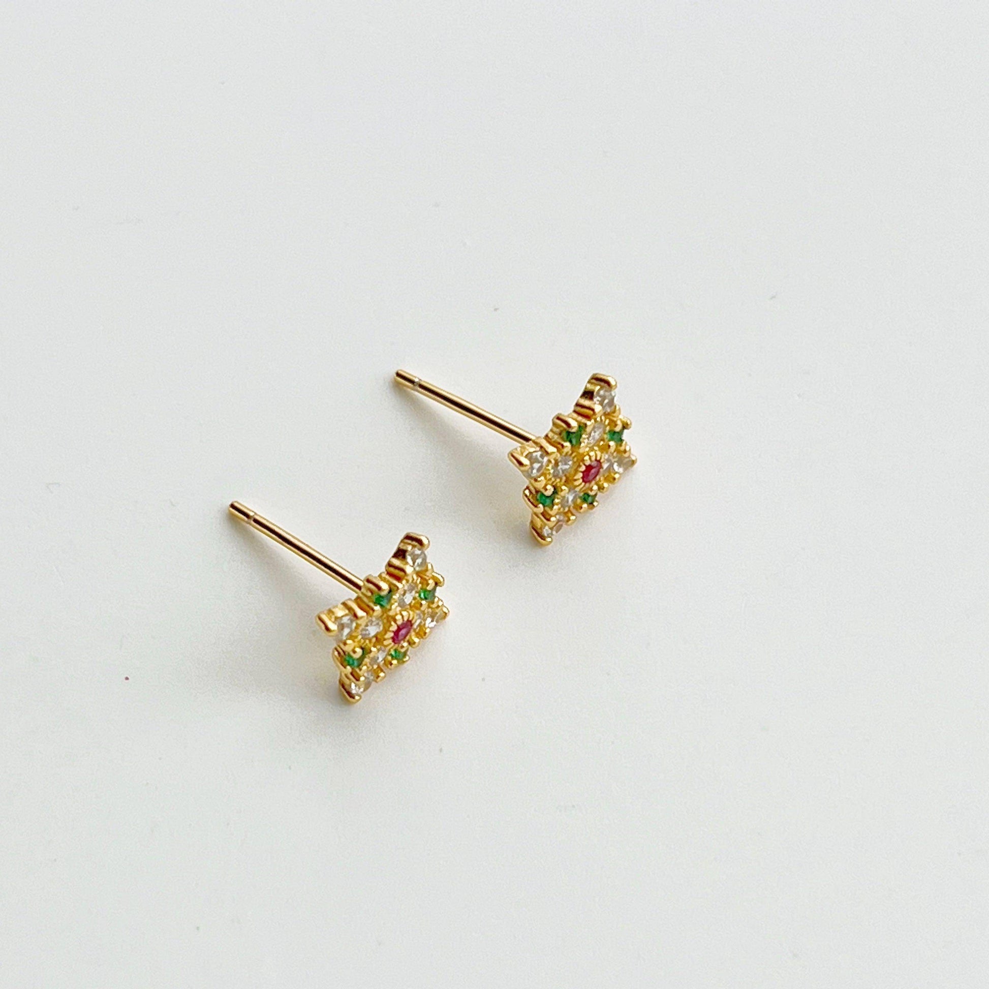 Emerald Stars Earrings - Tiny Size Green and Pink Crystal Sterling Silver Stud Earrings-Ninaouity