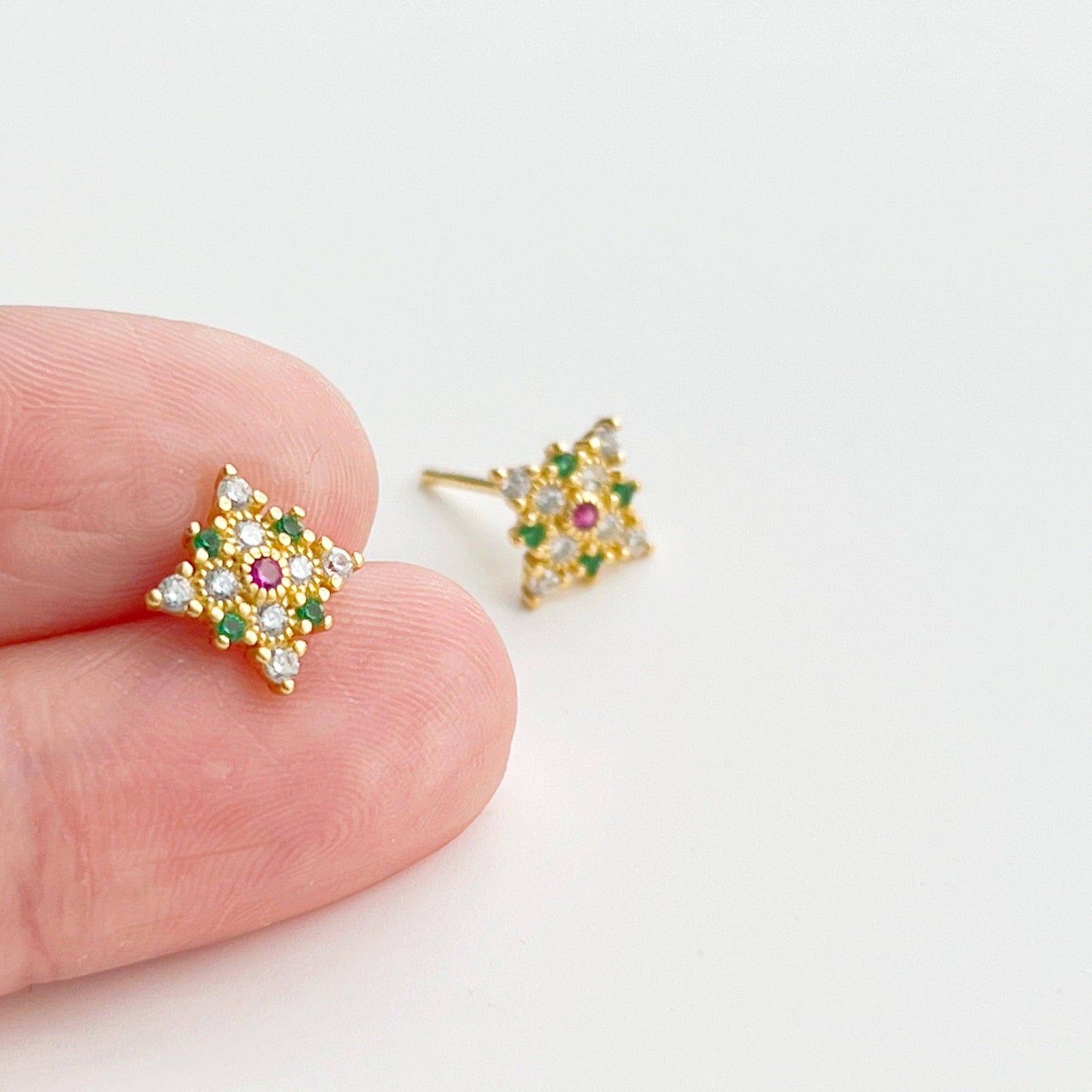 Emerald Stars Earrings - Tiny Size Green and Pink Crystal Sterling Silver Stud Earrings-Ninaouity