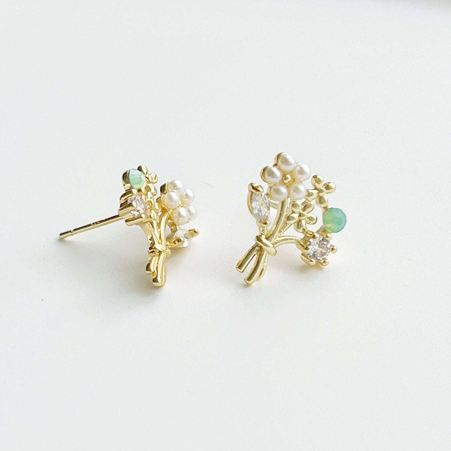 Flower Bouquet Earrings - Gold Flowers with Green Crystal Stud Earrings-Ninaouity