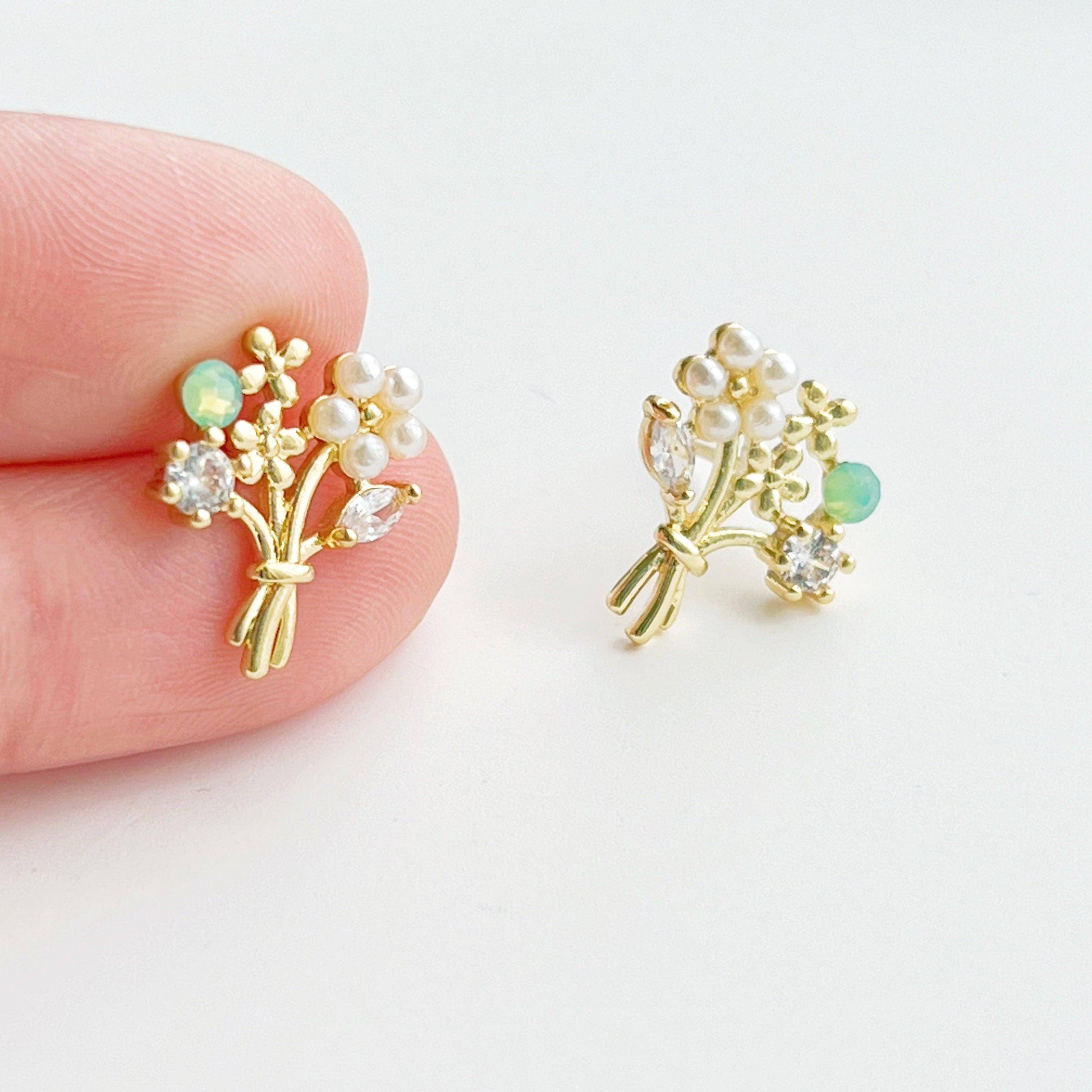 Flower Bouquet Earrings - Gold Flowers with Green Crystal Stud Earrings-Ninaouity