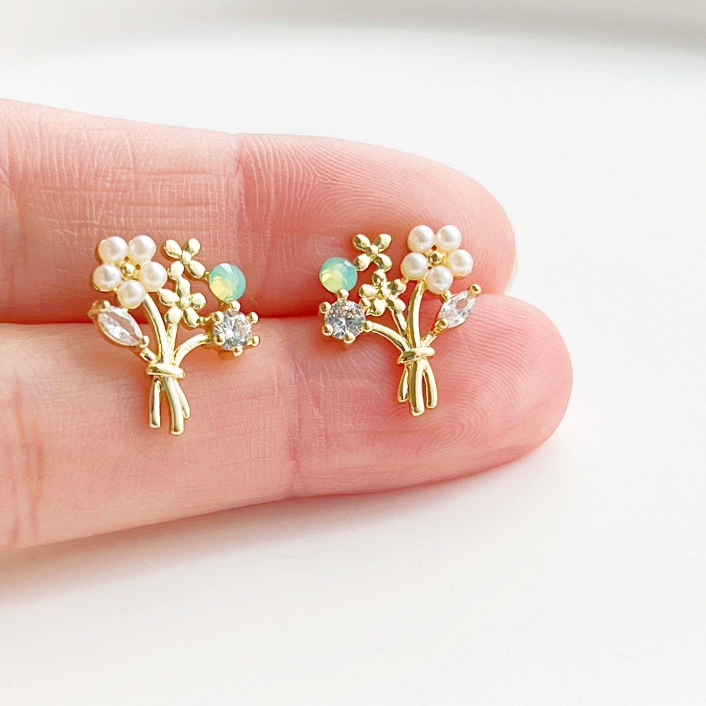 Flower Bouquet Earrings - Gold Flowers with Green Crystal Stud Earrings-Ninaouity