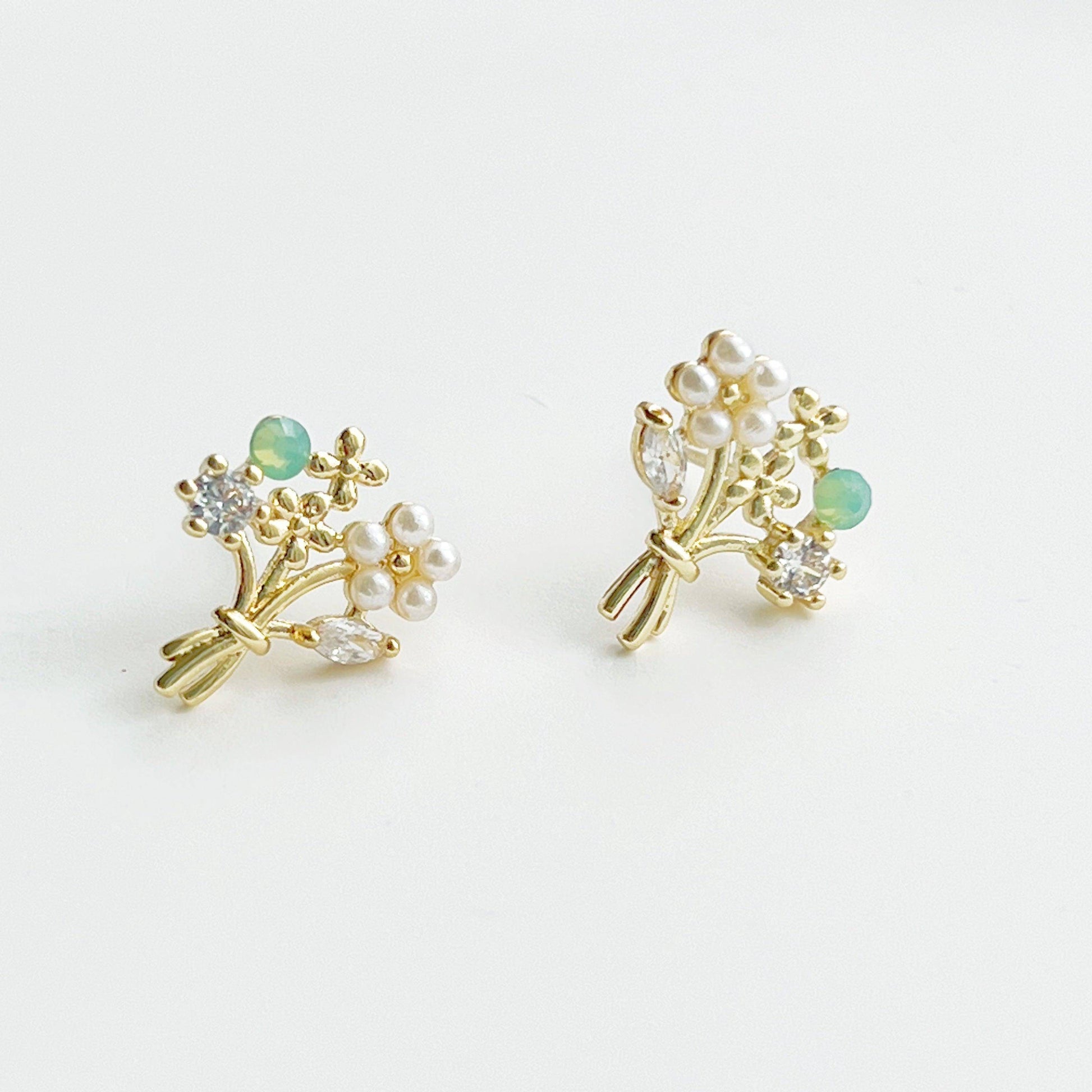 Flower Bouquet Earrings - Gold Flowers with Green Crystal Stud Earrings-Ninaouity