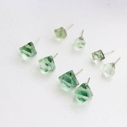 Fluorite Raw Stone Earrings - Octahedral Shape Stone Stud Earrings-Ninaouity