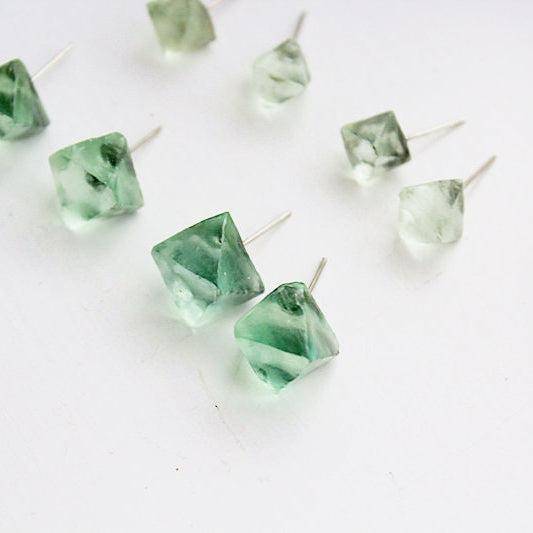 Fluorite Raw Stone Earrings - Octahedral Shape Stone Stud Earrings-Ninaouity