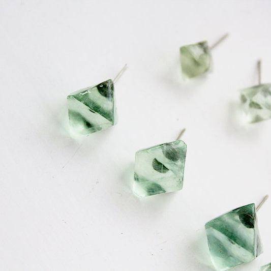 Fluorite Raw Stone Earrings - Octahedral Shape Stone Stud Earrings-Ninaouity