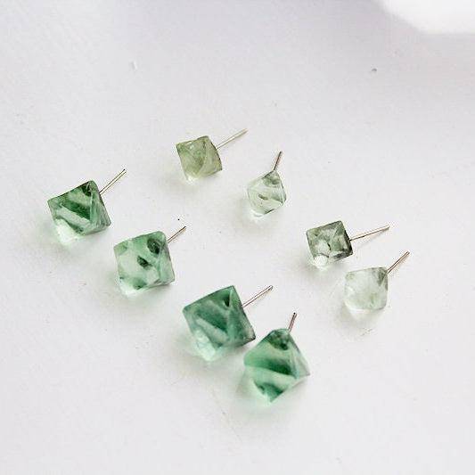 Fluorite Raw Stone Earrings - Octahedral Shape Stone Stud Earrings-Ninaouity