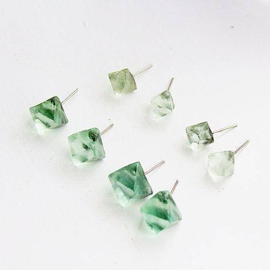 Fluorite Raw Stone Earrings - Octahedral Shape Stone Stud Earrings-Ninaouity