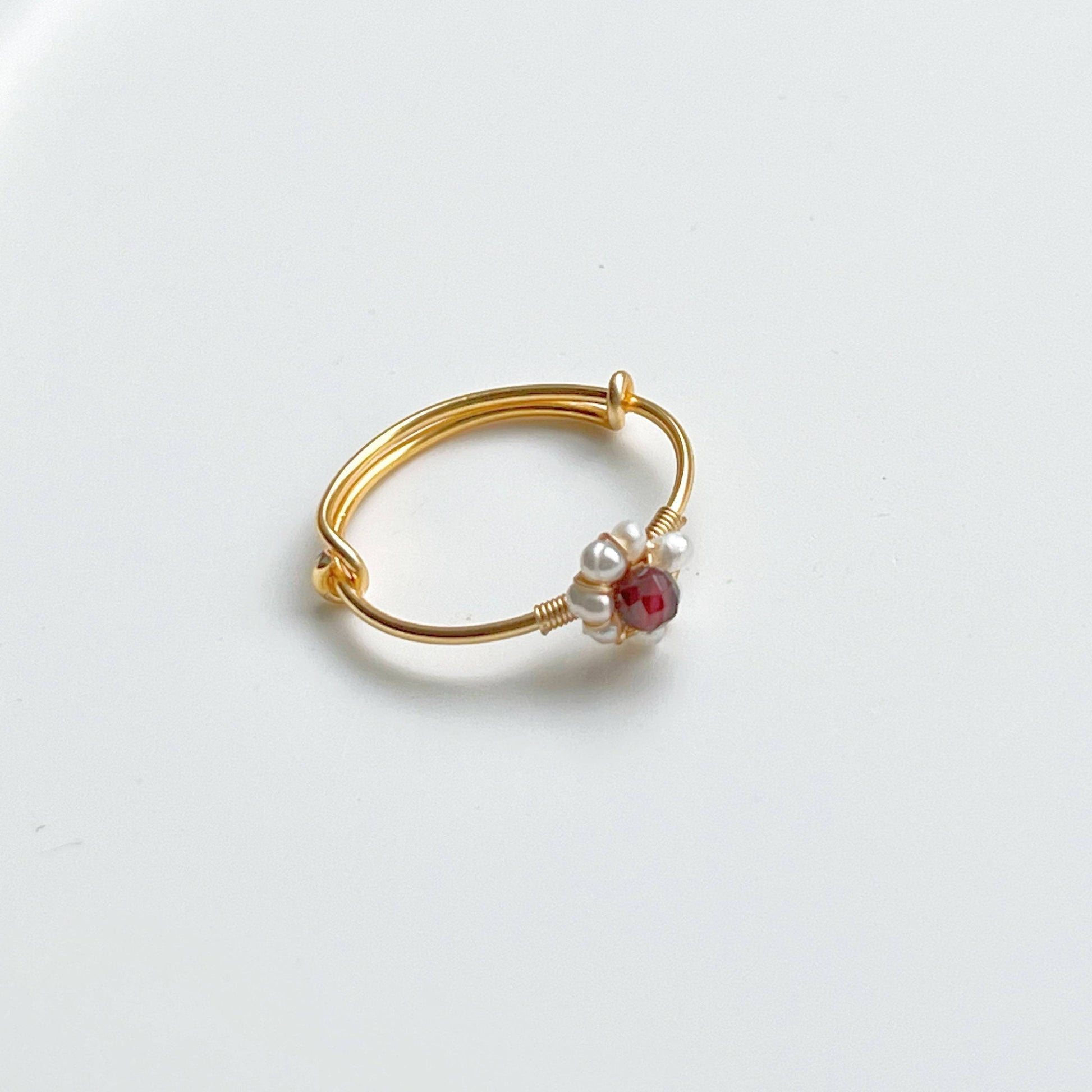 Garnet and Pearl Beads Ring - Red Gemstone Adjustable Ring - January Birthstone-Ninaouity
