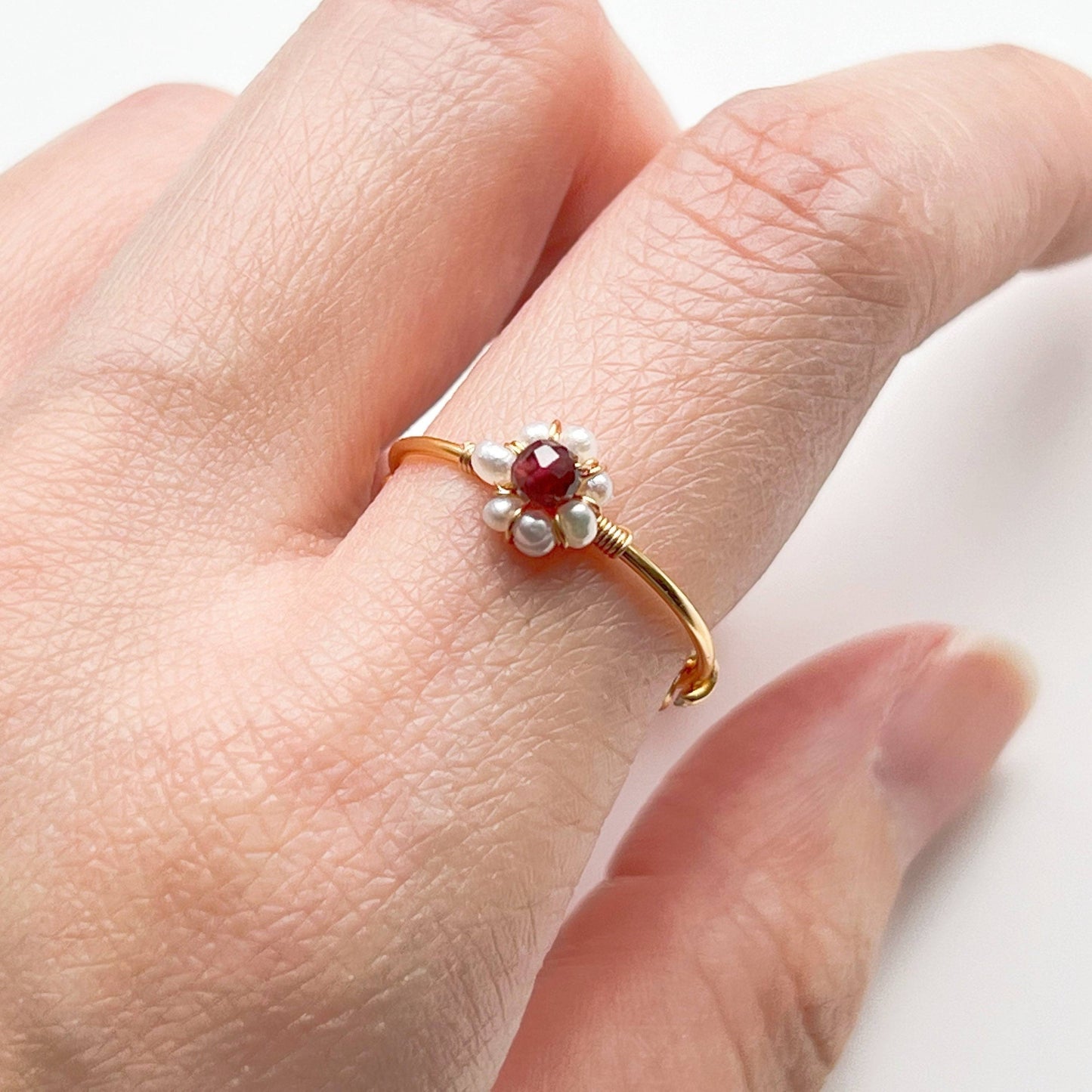 Garnet and Pearl Beads Ring - Red Gemstone Adjustable Ring - January Birthstone-Ninaouity