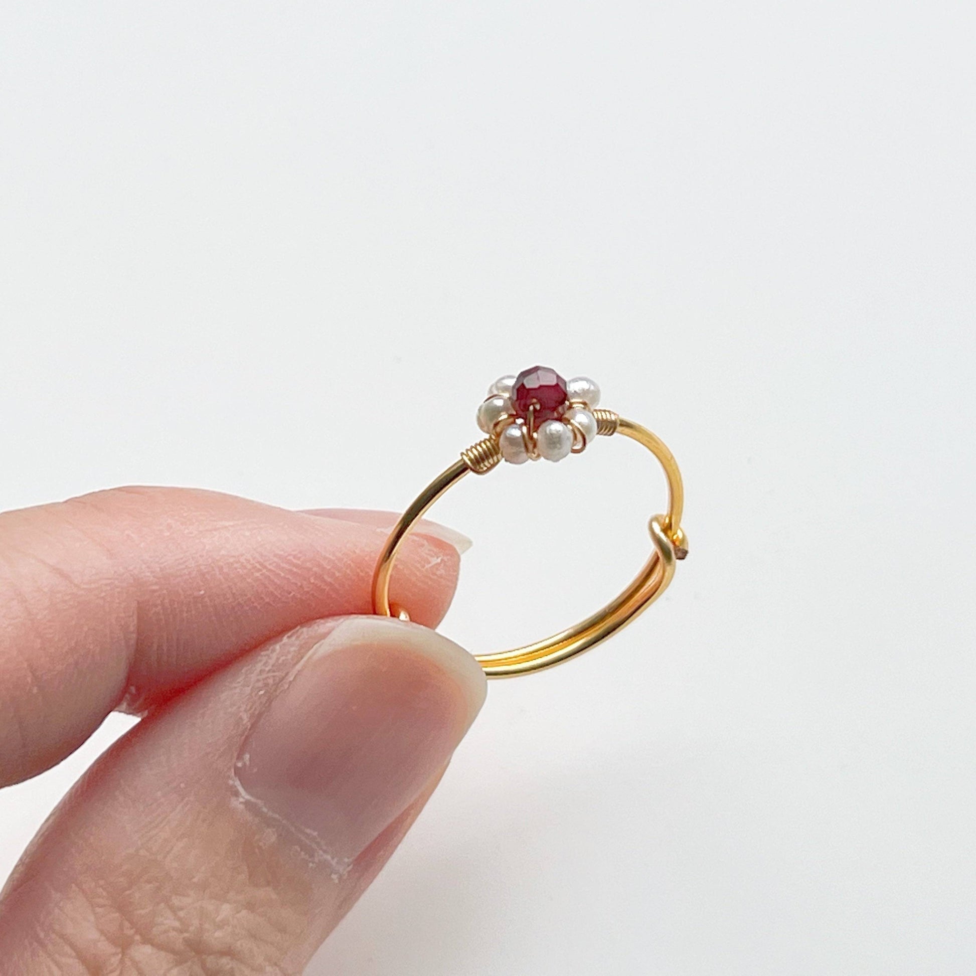 Garnet and Pearl Beads Ring - Red Gemstone Adjustable Ring - January Birthstone-Ninaouity