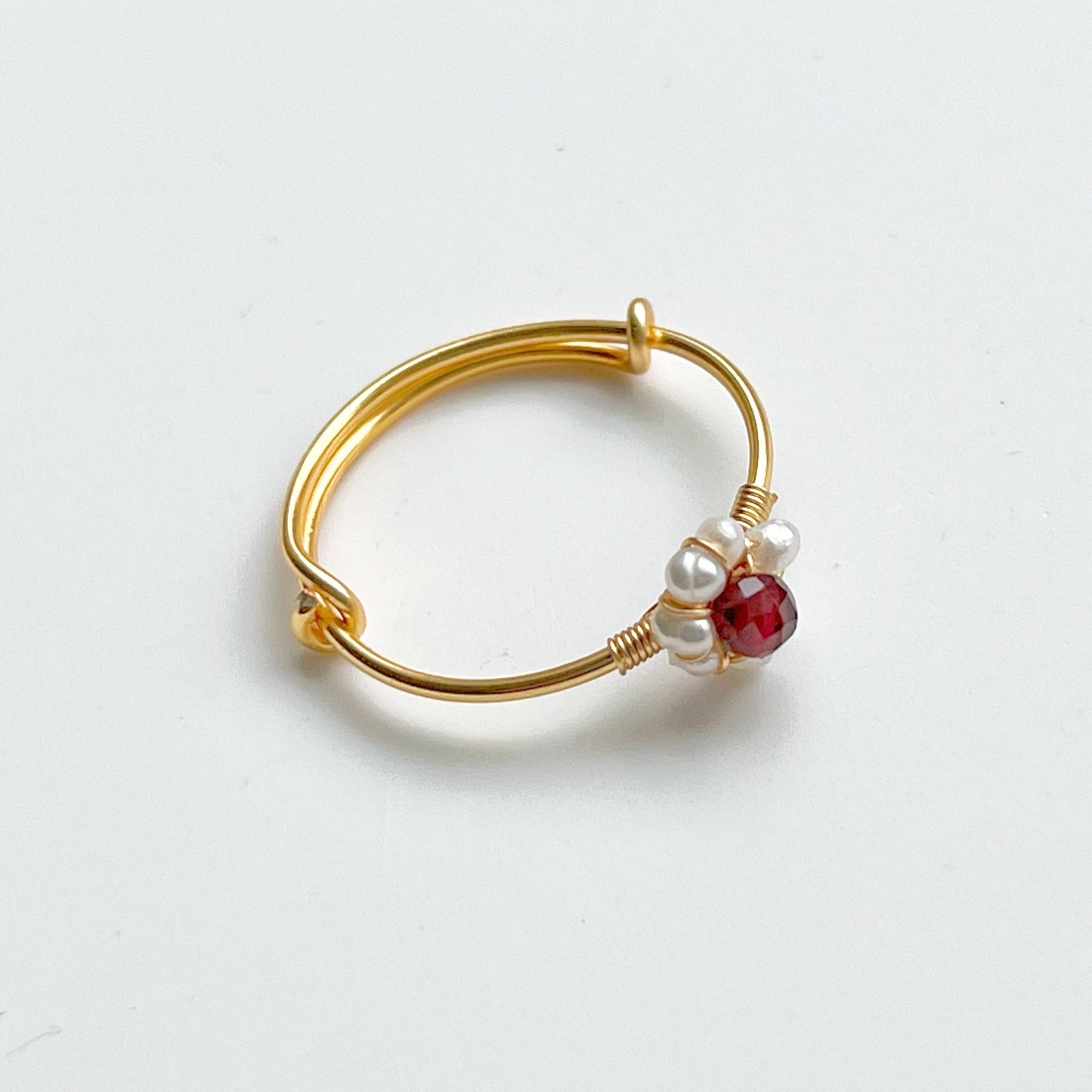 Garnet and Pearl Beads Ring - Red Gemstone Adjustable Ring - January Birthstone-Ninaouity