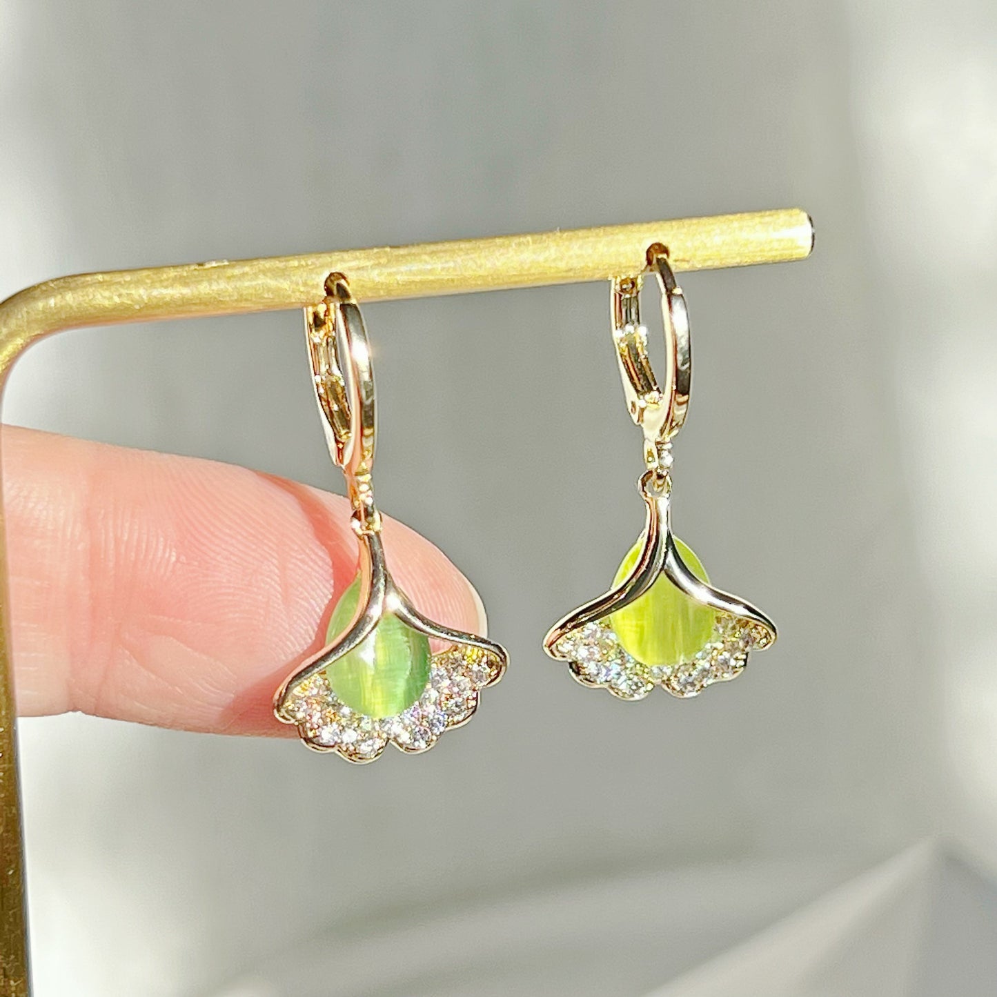 Ginkgo with Green Cats Eye Stone Earrings-Ninaouity