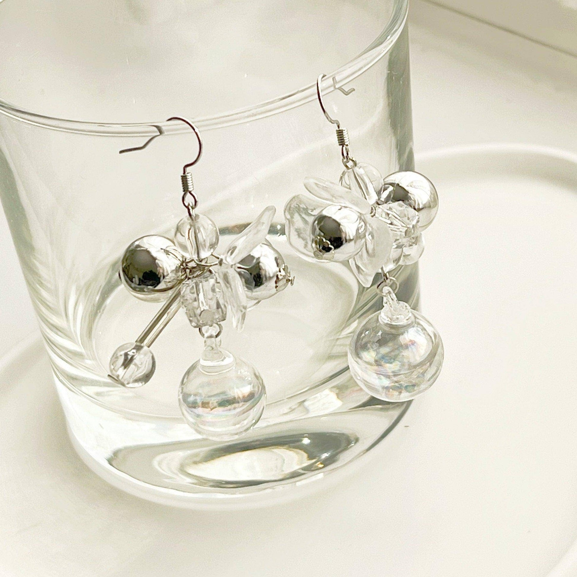 Globes Earrings - Silver and Clear Bubbles Drop Dangle and Drop Earring-Ninaouity