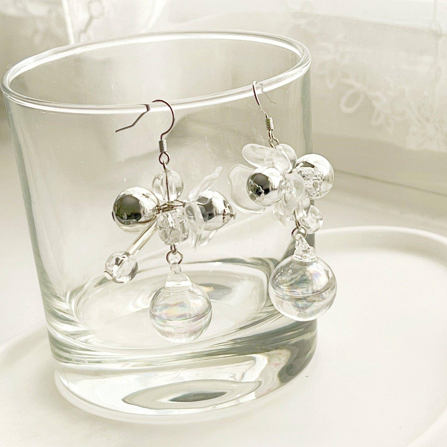 Globes Earrings - Silver and Clear Bubbles Drop Dangle and Drop Earring-Ninaouity