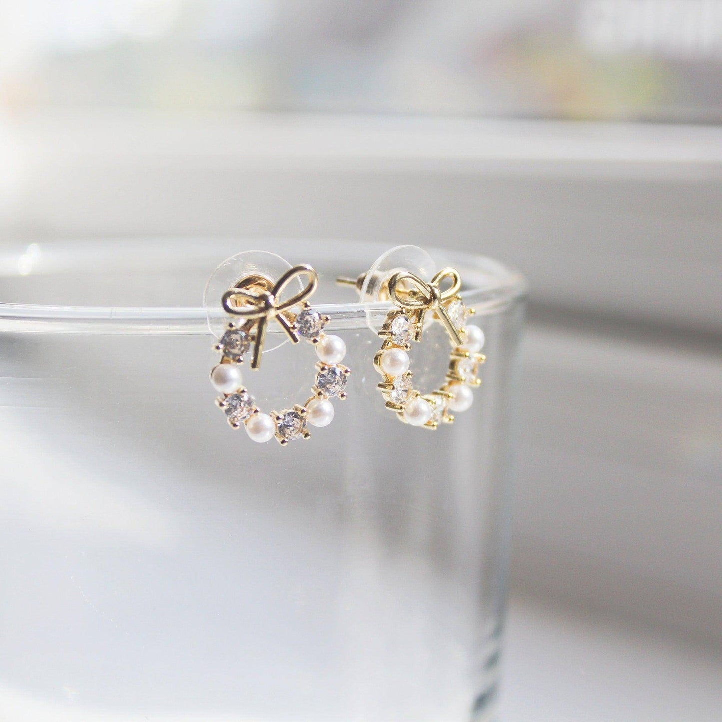 Gold Bow Tie Earrings - Mini Pearl Wreath Shape Sterling Silver Stud Earrings-Ninaouity