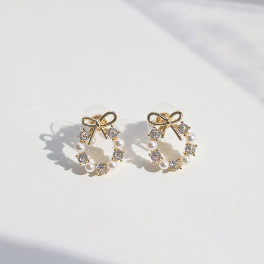 Gold Bow Tie Earrings - Mini Pearl Wreath Shape Sterling Silver Stud Earrings-Ninaouity