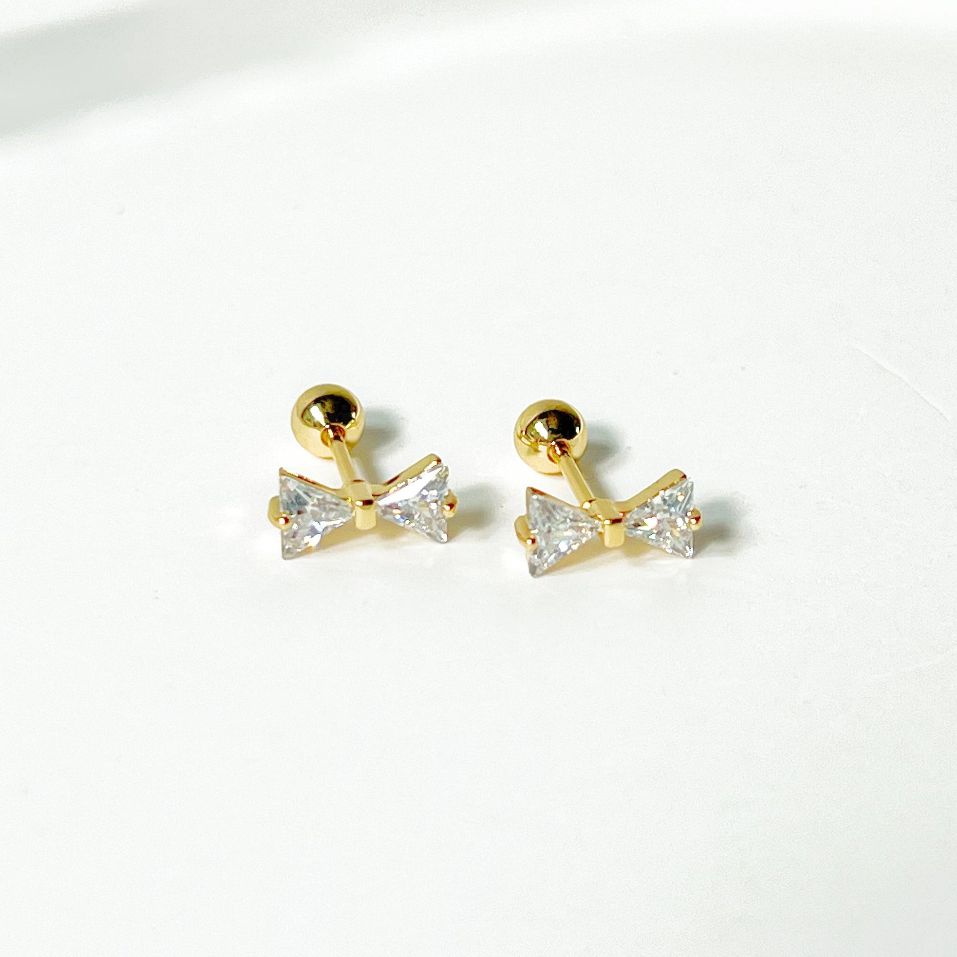 Gold Bow Zircon Earrings - Small Size Screw Back Earrings-Ninaouity