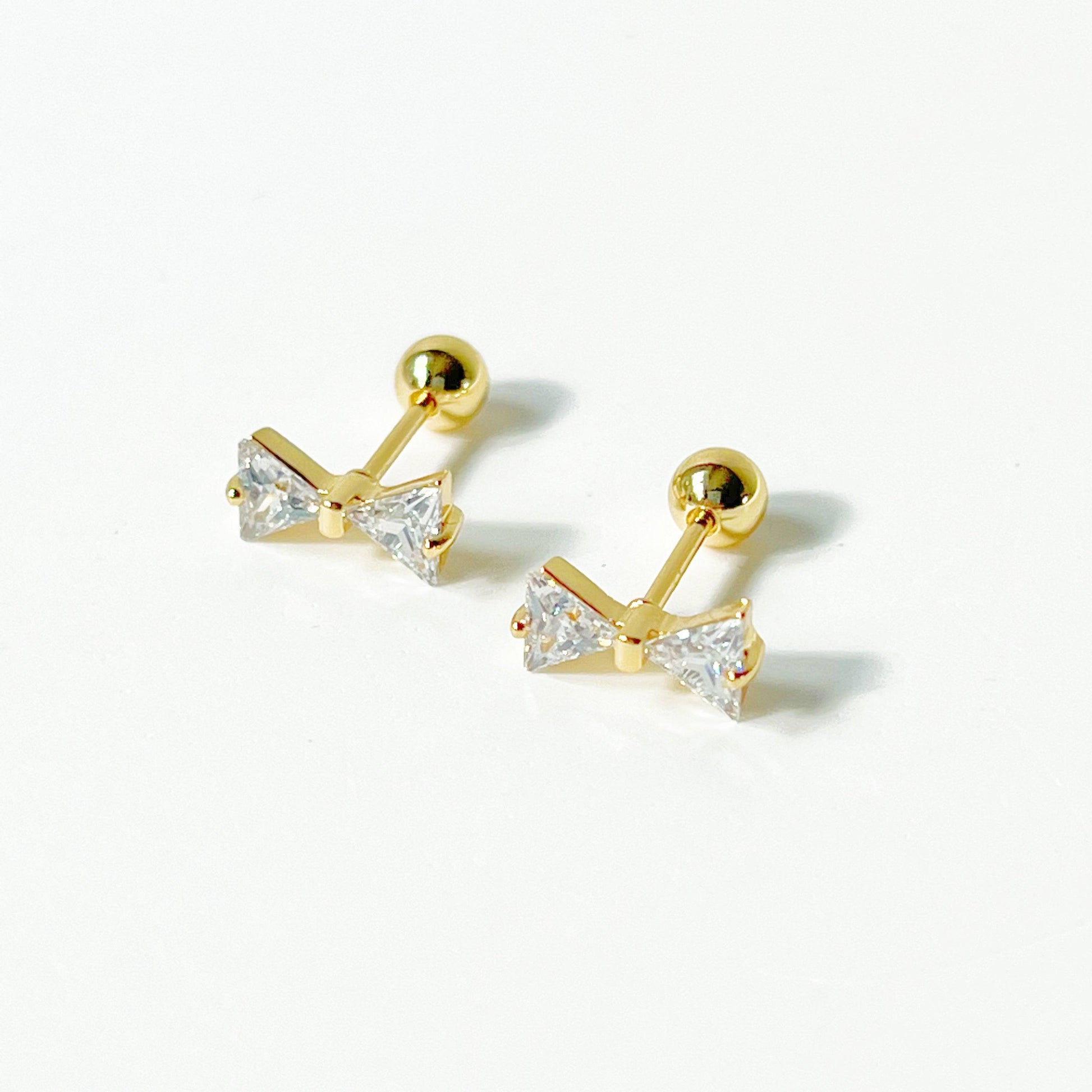 Gold Bow Zircon Earrings - Small Size Screw Back Earrings-Ninaouity