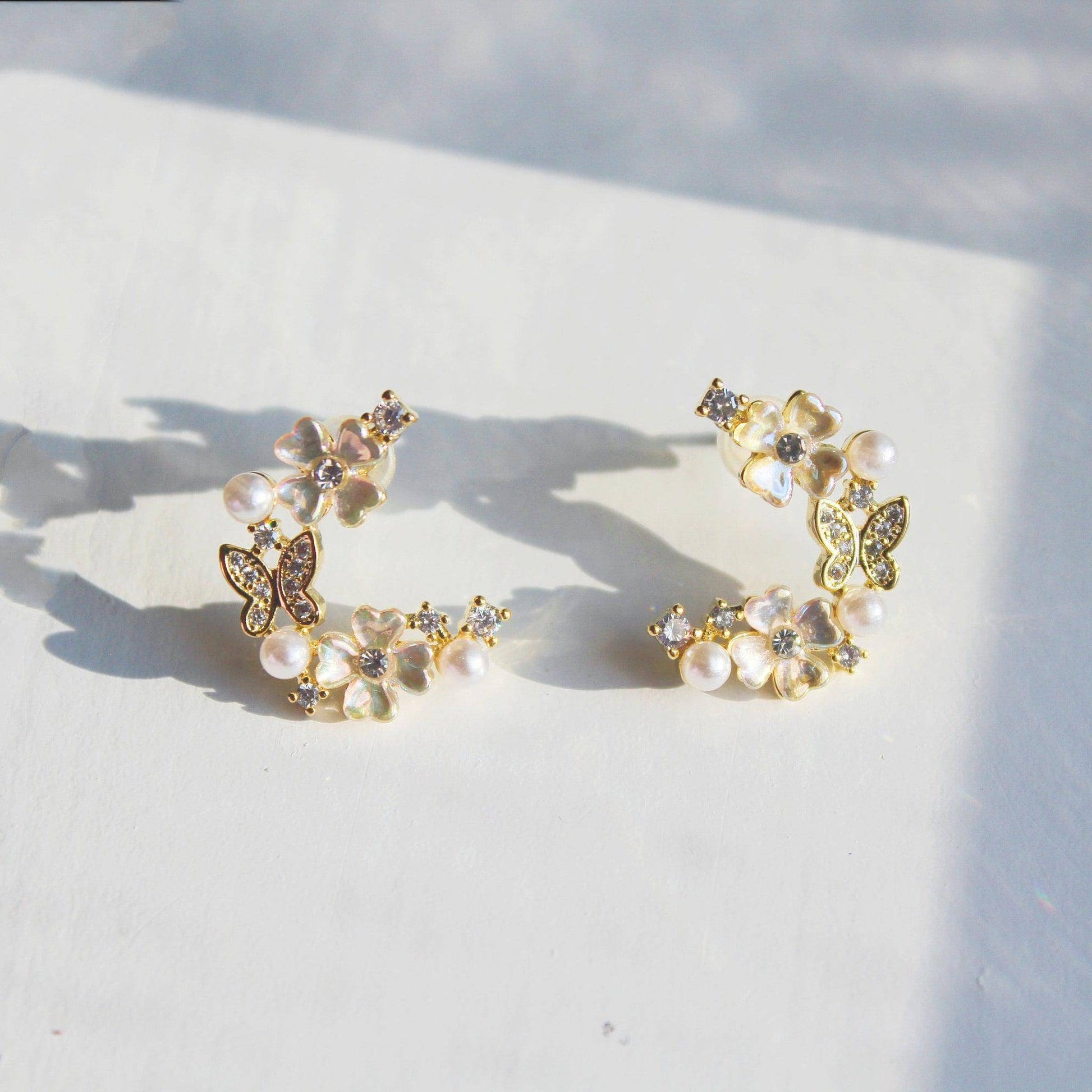 Gold Butterfly and Flowers Earrings-Ninaouity