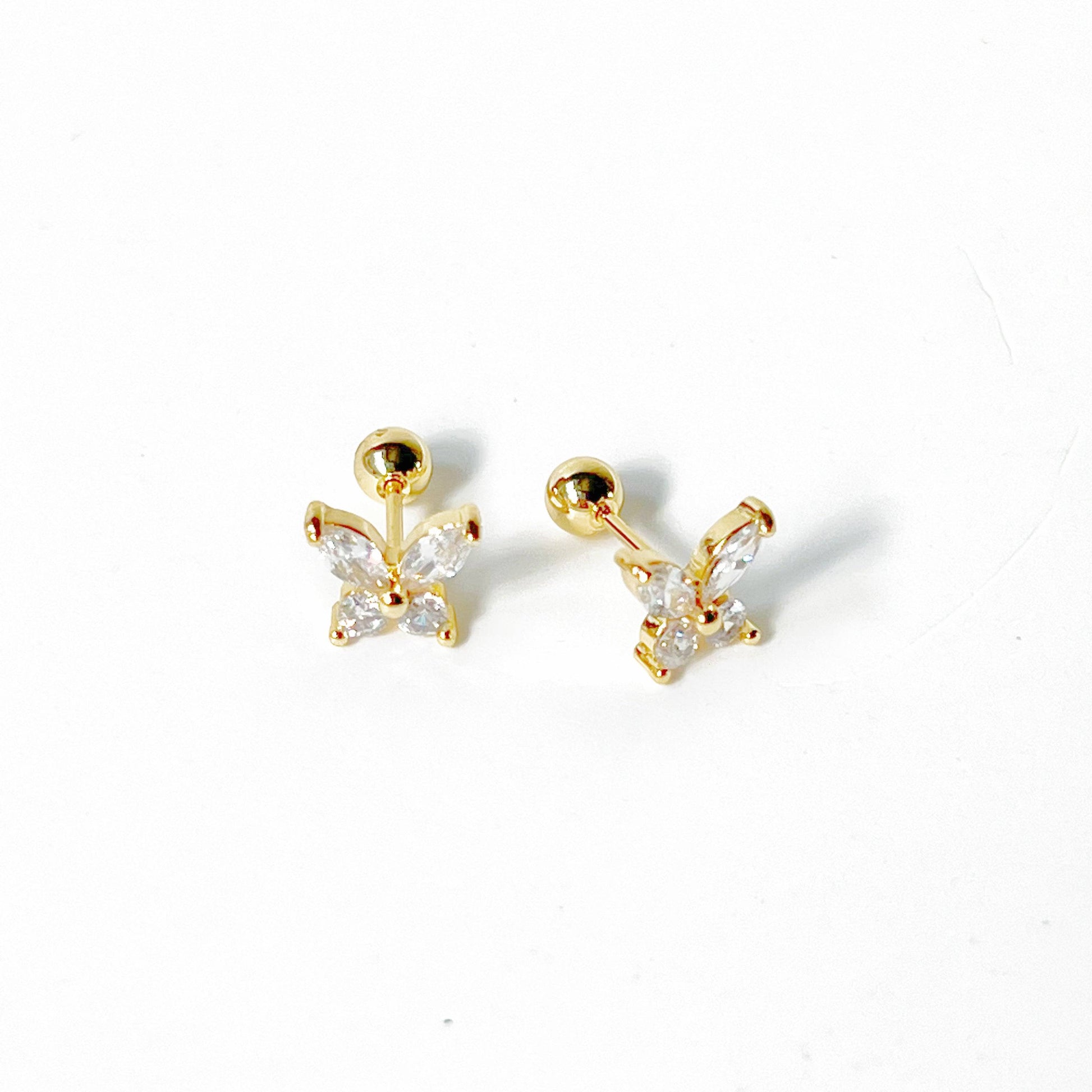 Gold Butterfly Zircon Screw Back Earrings-Ninaouity