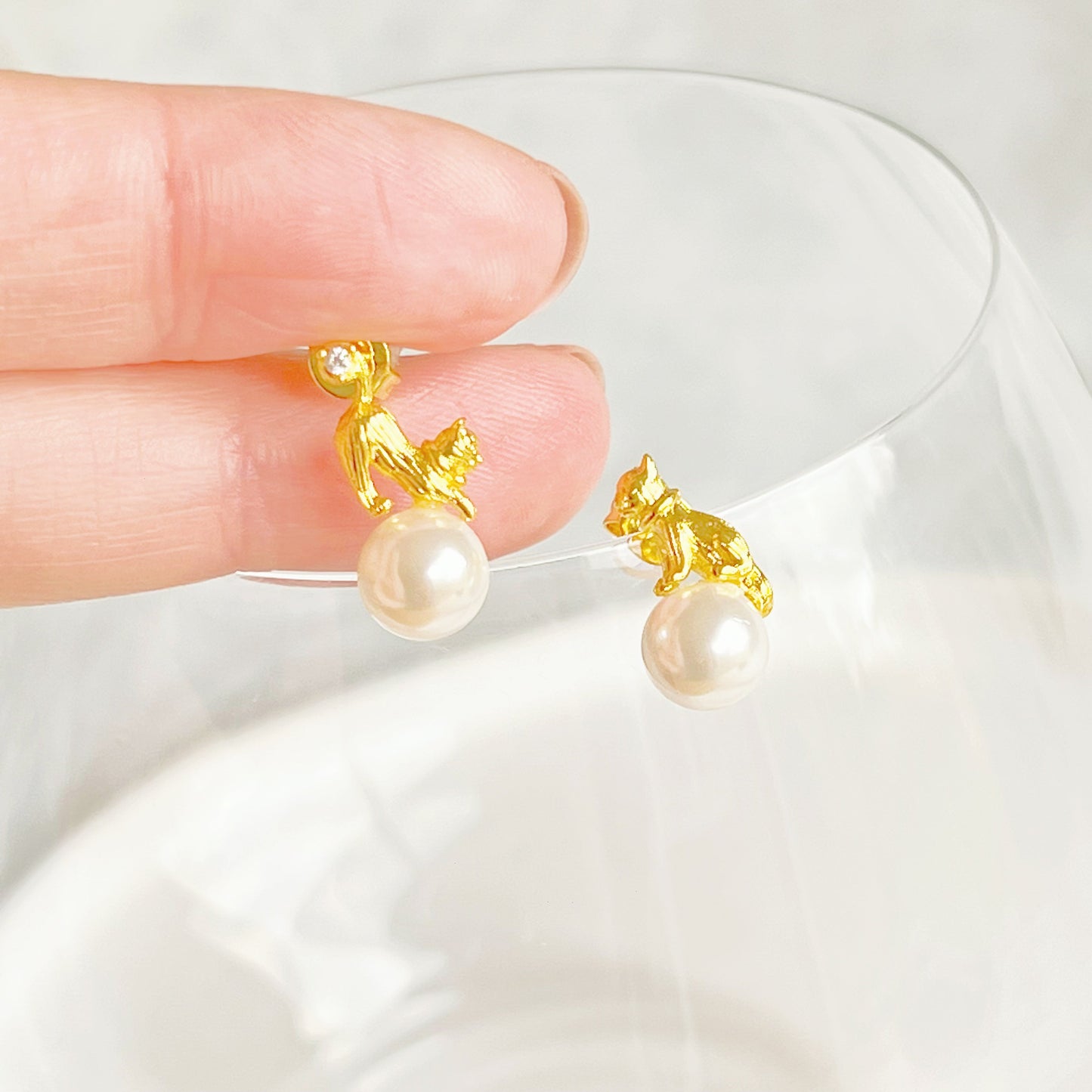 Gold Cat and Ball Mismatch Stud Earrings-Ninaouity