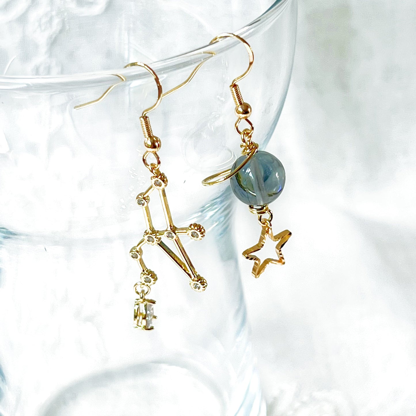 Gold Constellation Zodiac Star Signs Horoscope Mismatch Drop Earrings-Ninaouity