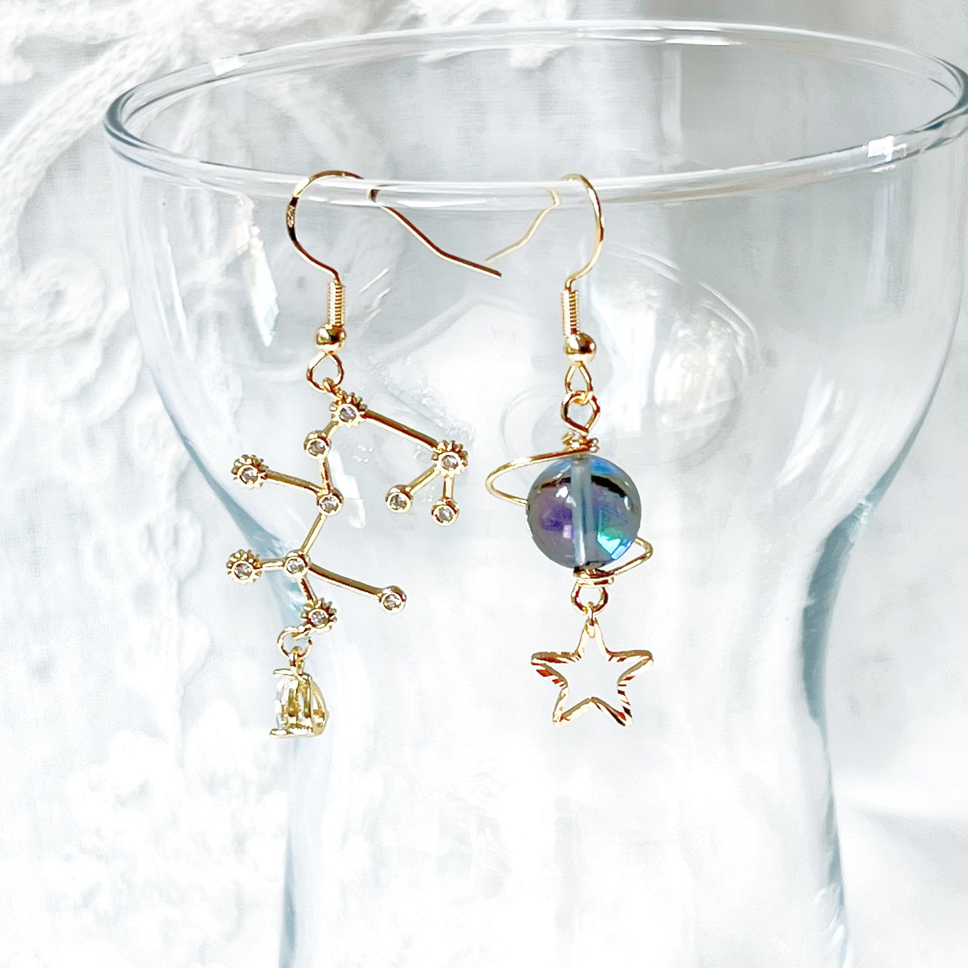 Gold Constellation Zodiac Star Signs Horoscope Mismatch Drop Earrings-Ninaouity