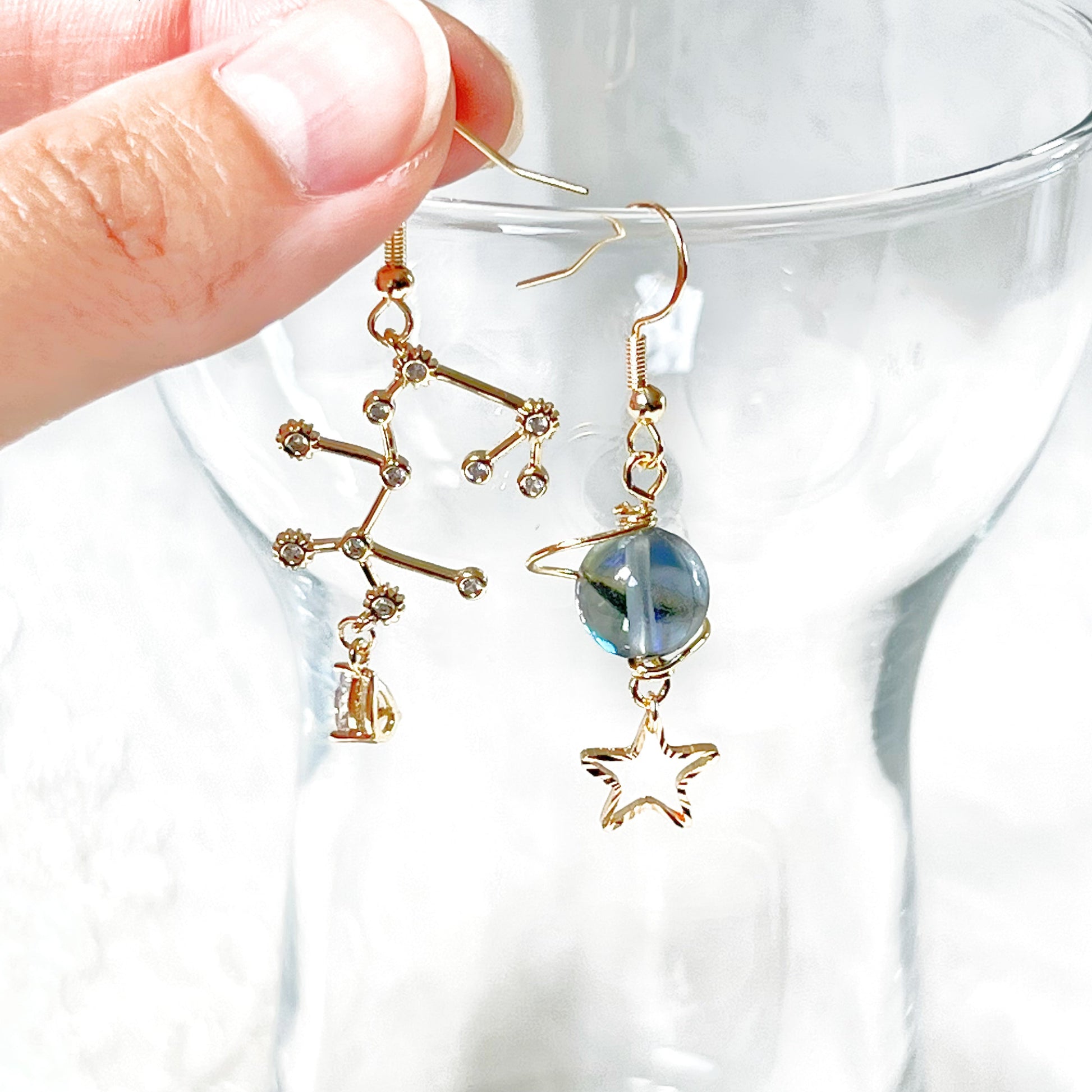 Gold Constellation Zodiac Star Signs Horoscope Mismatch Drop Earrings-Ninaouity