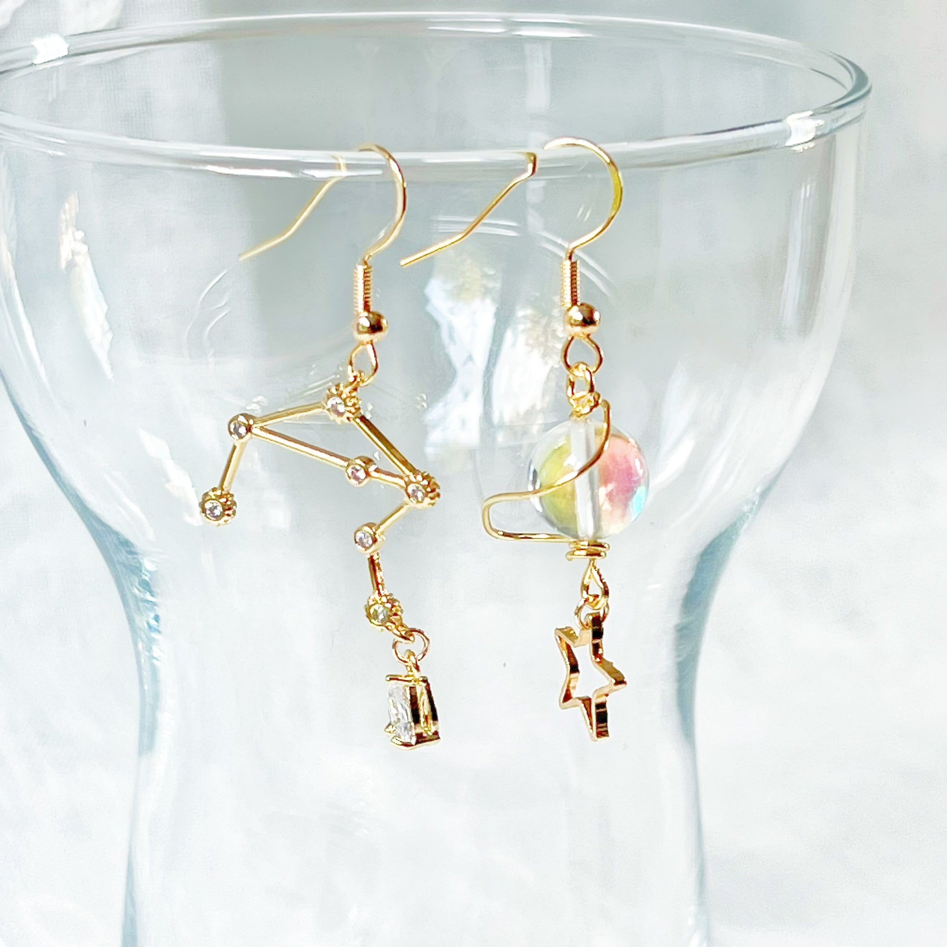 Gold Constellation Zodiac Star Signs Horoscope Mismatch Drop Earrings-Ninaouity