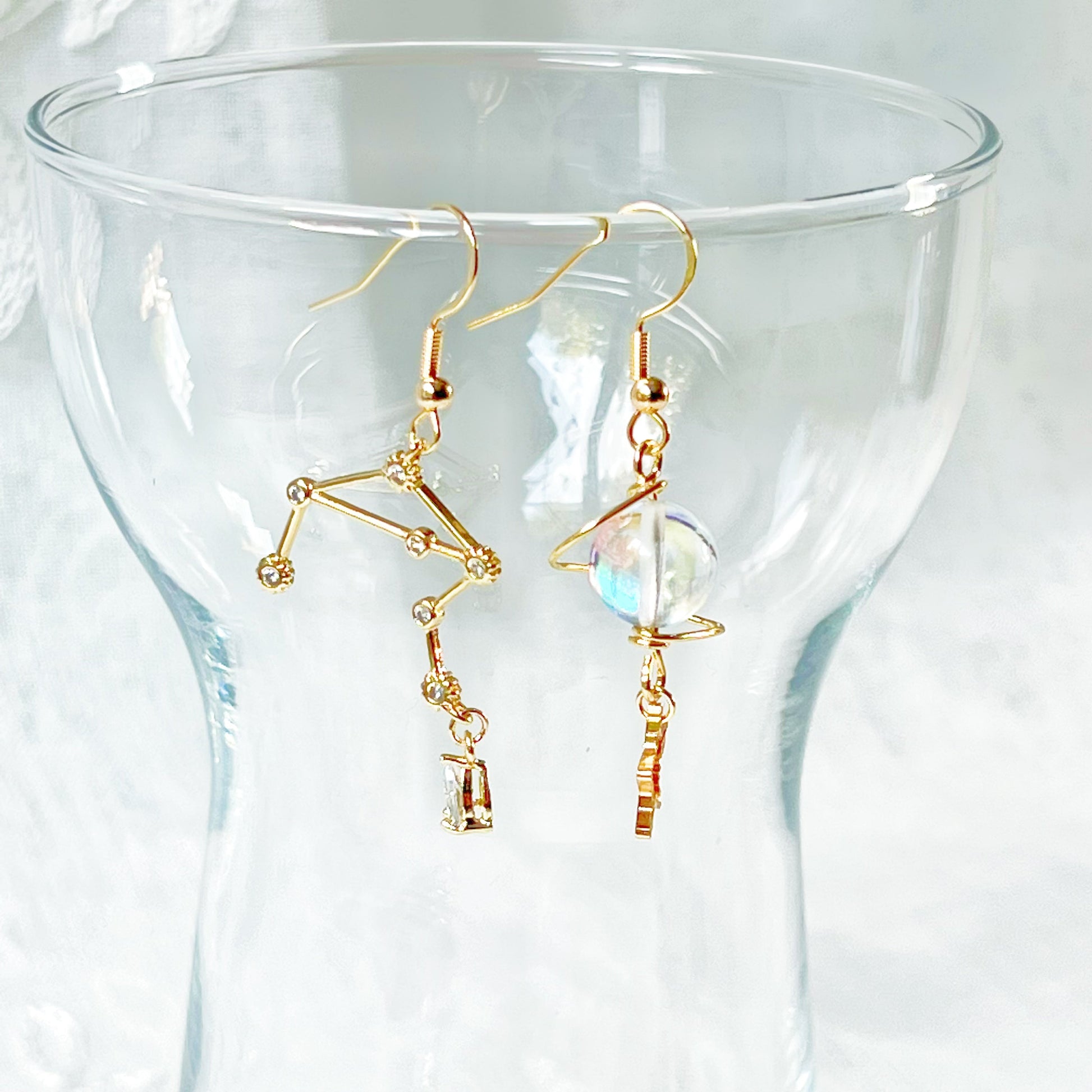 Gold Constellation Zodiac Star Signs Horoscope Mismatch Drop Earrings-Ninaouity