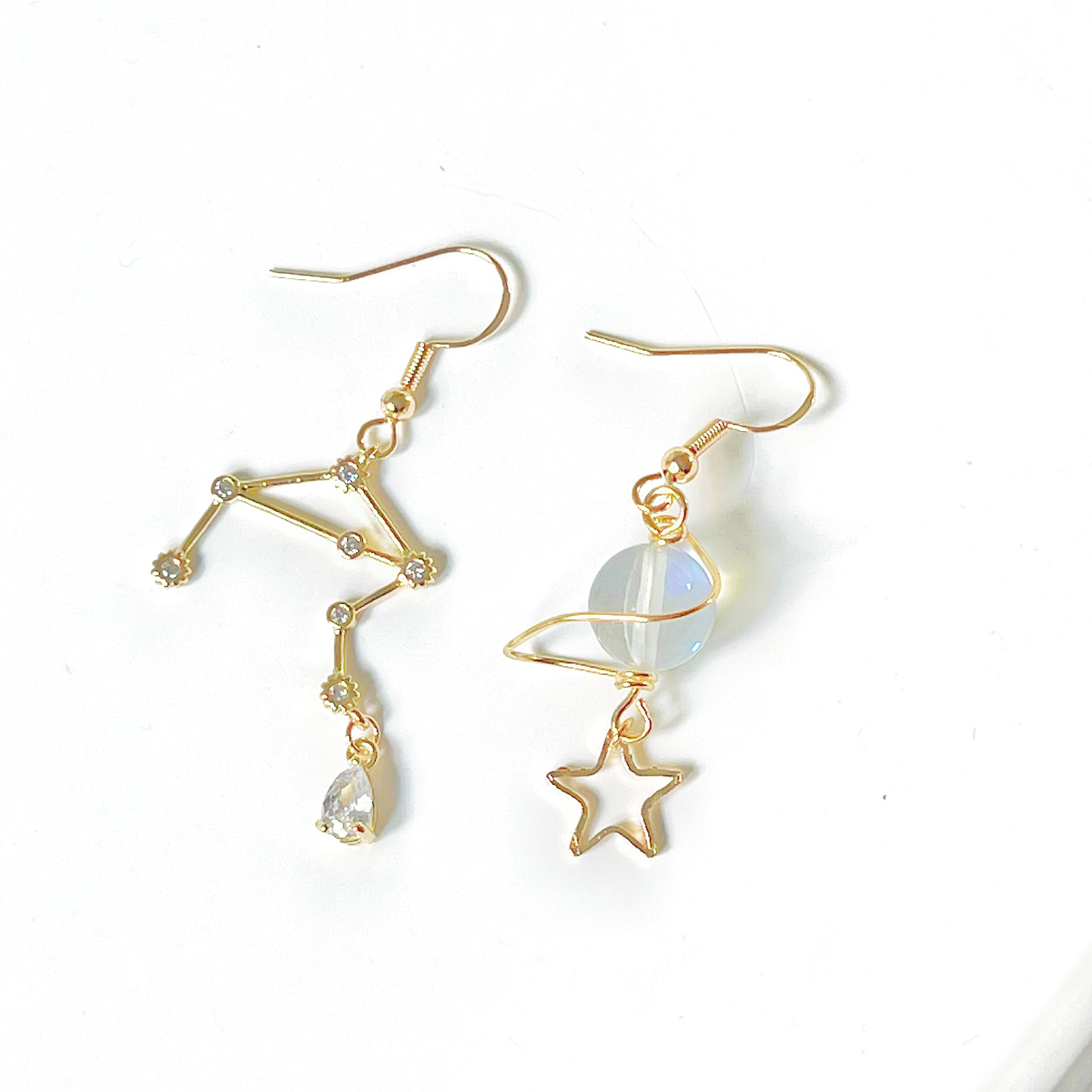 Gold Constellation Zodiac Star Signs Horoscope Mismatch Drop Earrings-Ninaouity