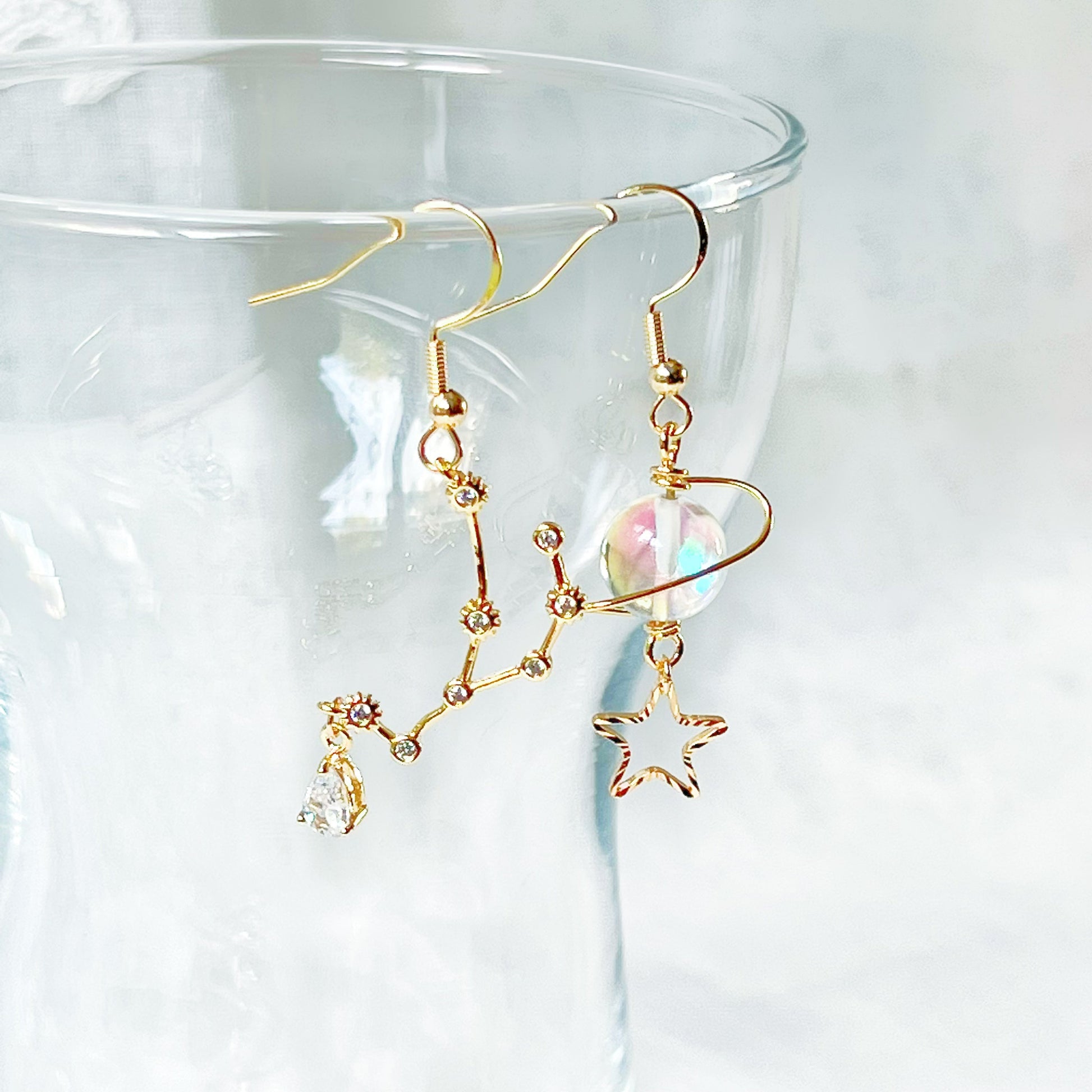 Gold Constellation Zodiac Star Signs Horoscope Mismatch Drop Earrings-Ninaouity