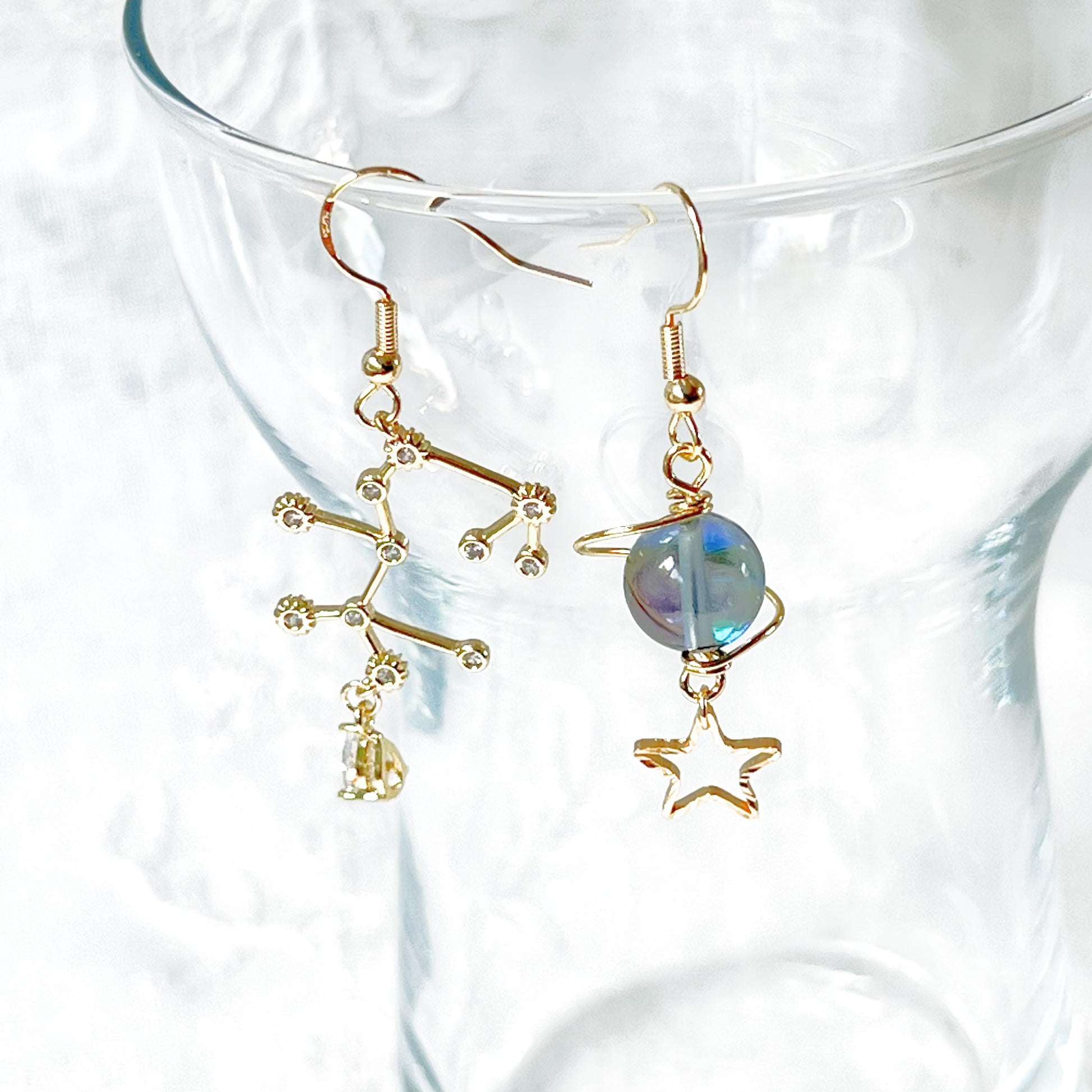 Gold Constellation Zodiac Star Signs Horoscope Mismatch Drop Earrings-Ninaouity