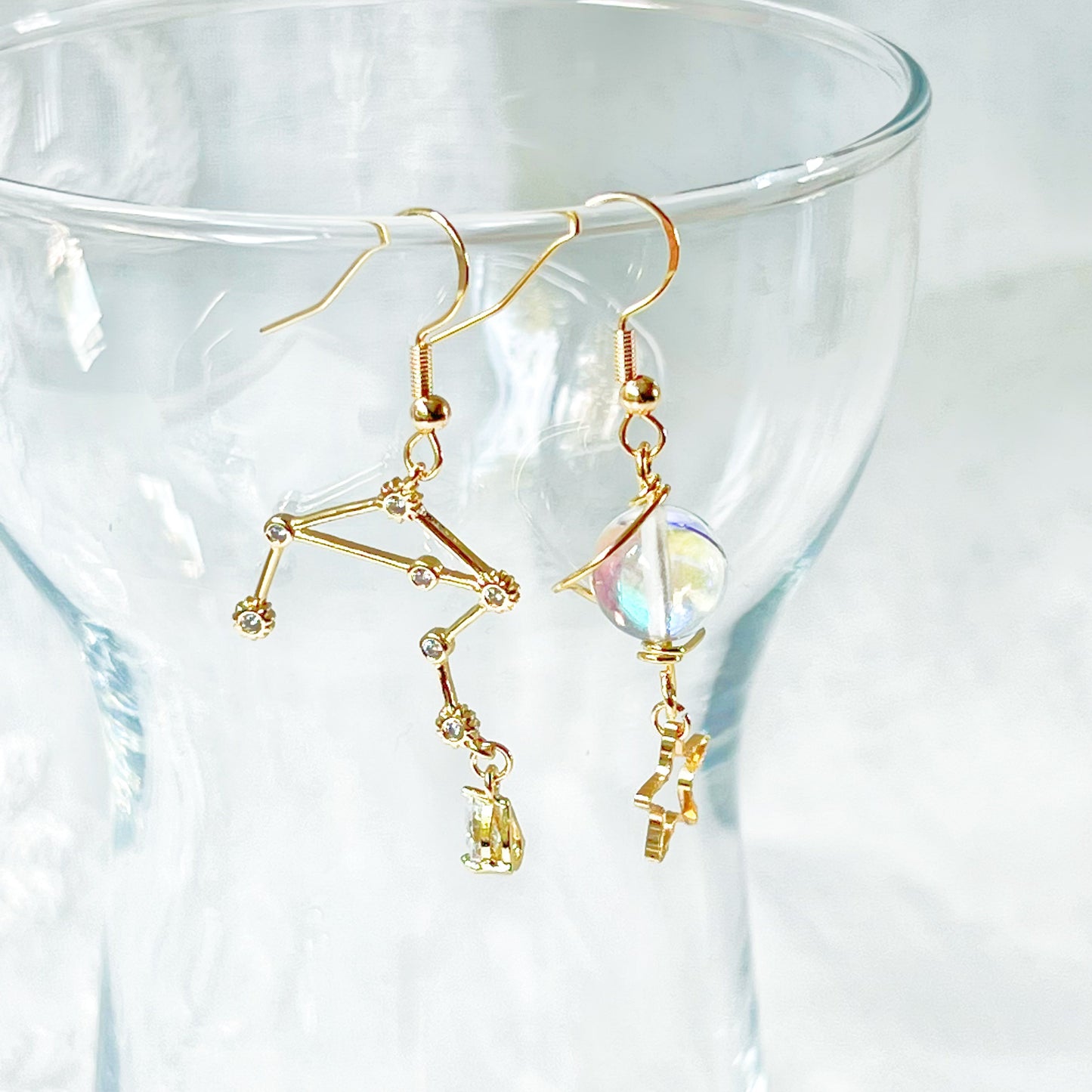 Gold Constellation Zodiac Star Signs Horoscope Mismatch Drop Earrings-Ninaouity