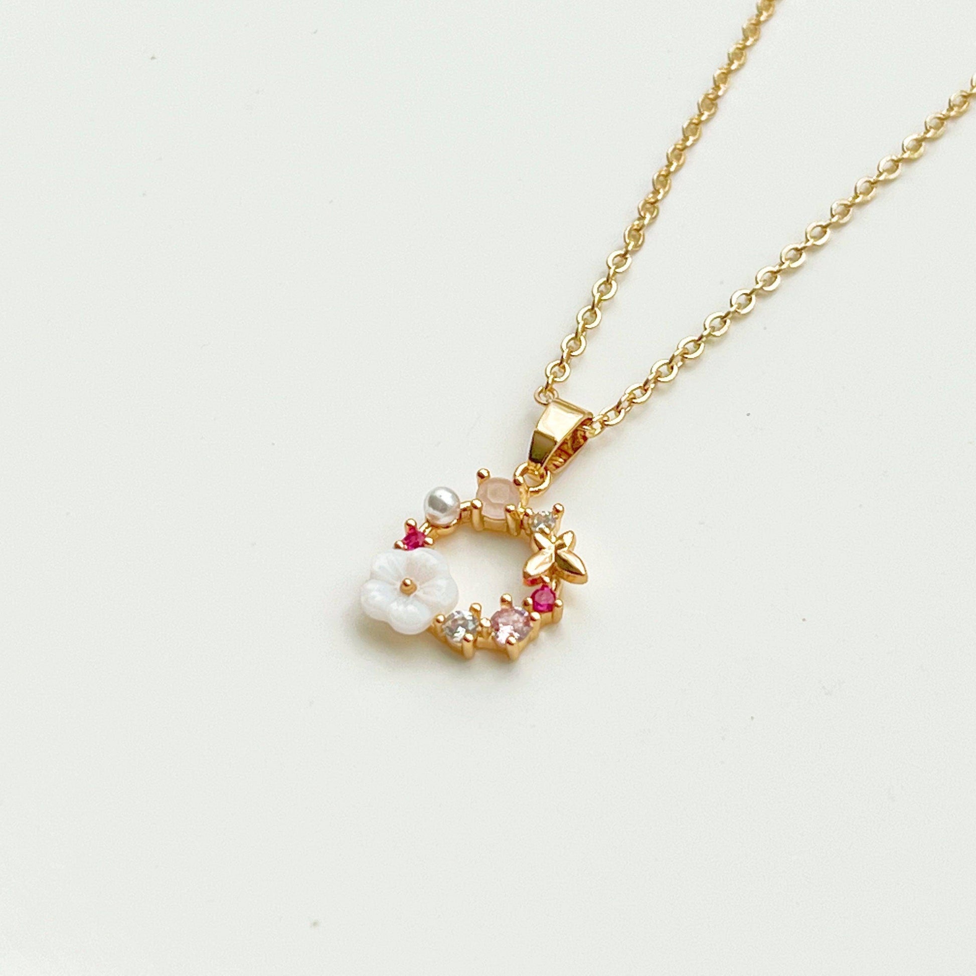 Gold Flower Wreath Charm Necklace-Ninaouity