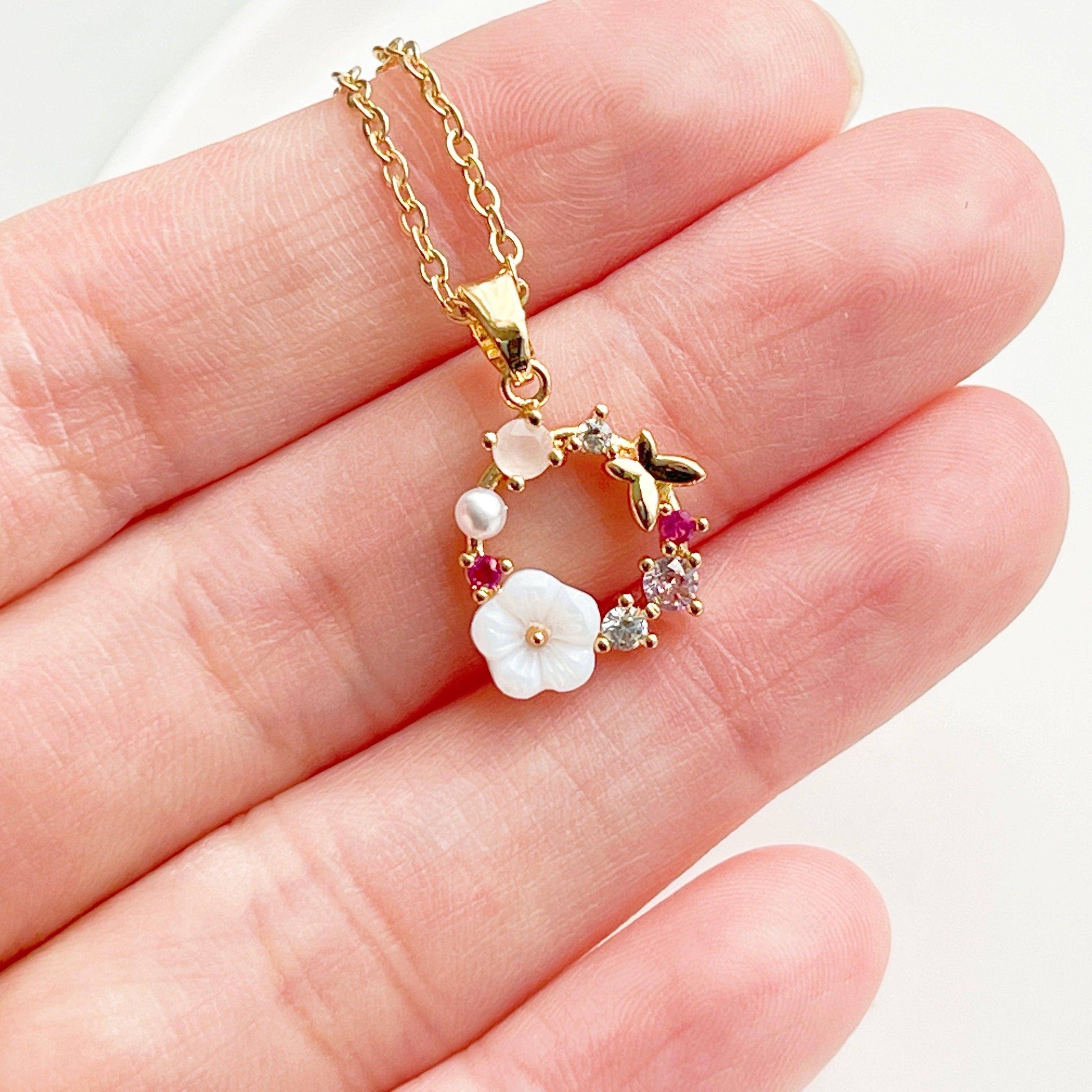 Gold Flower Wreath Charm Necklace-Ninaouity