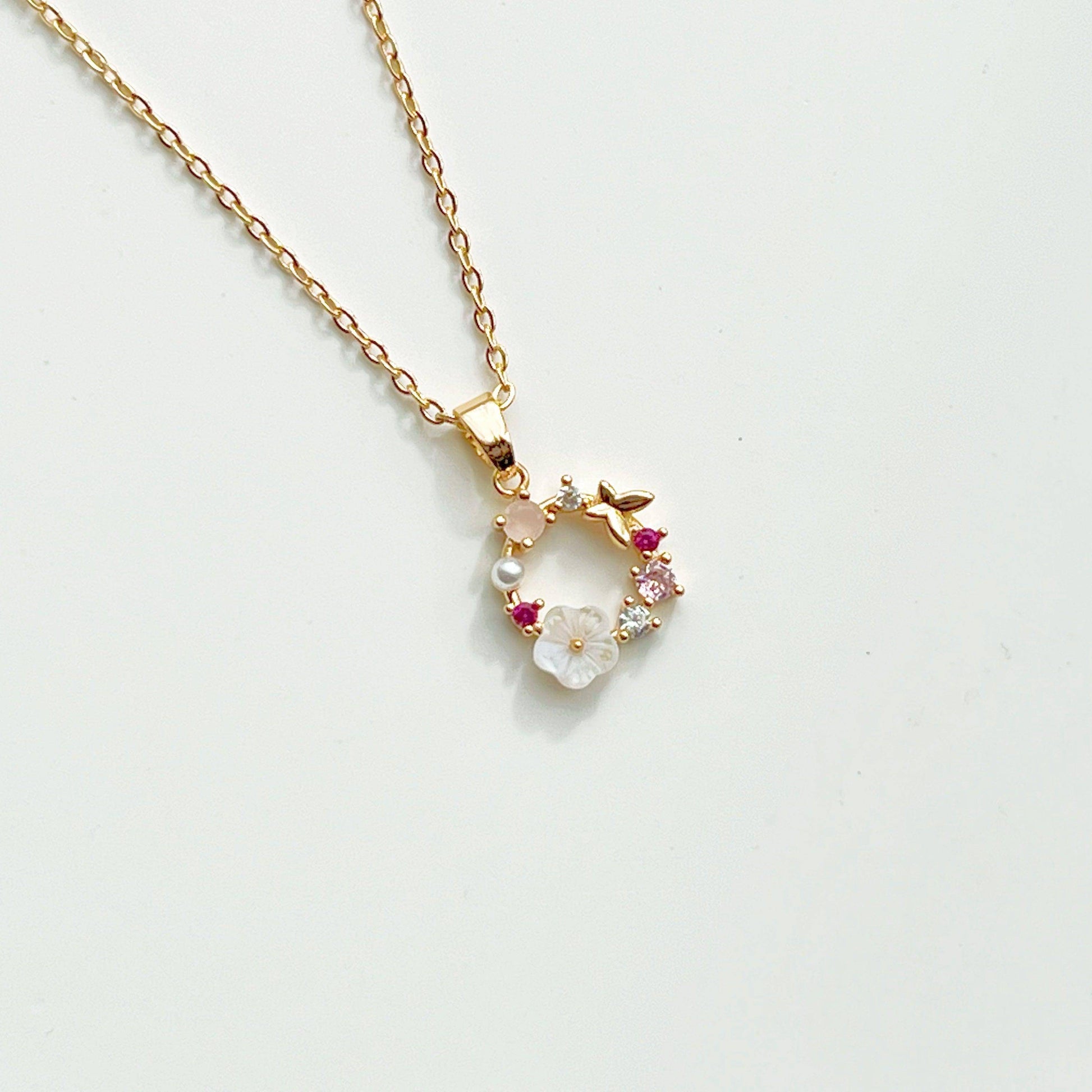 Gold Flower Wreath Charm Necklace-Ninaouity