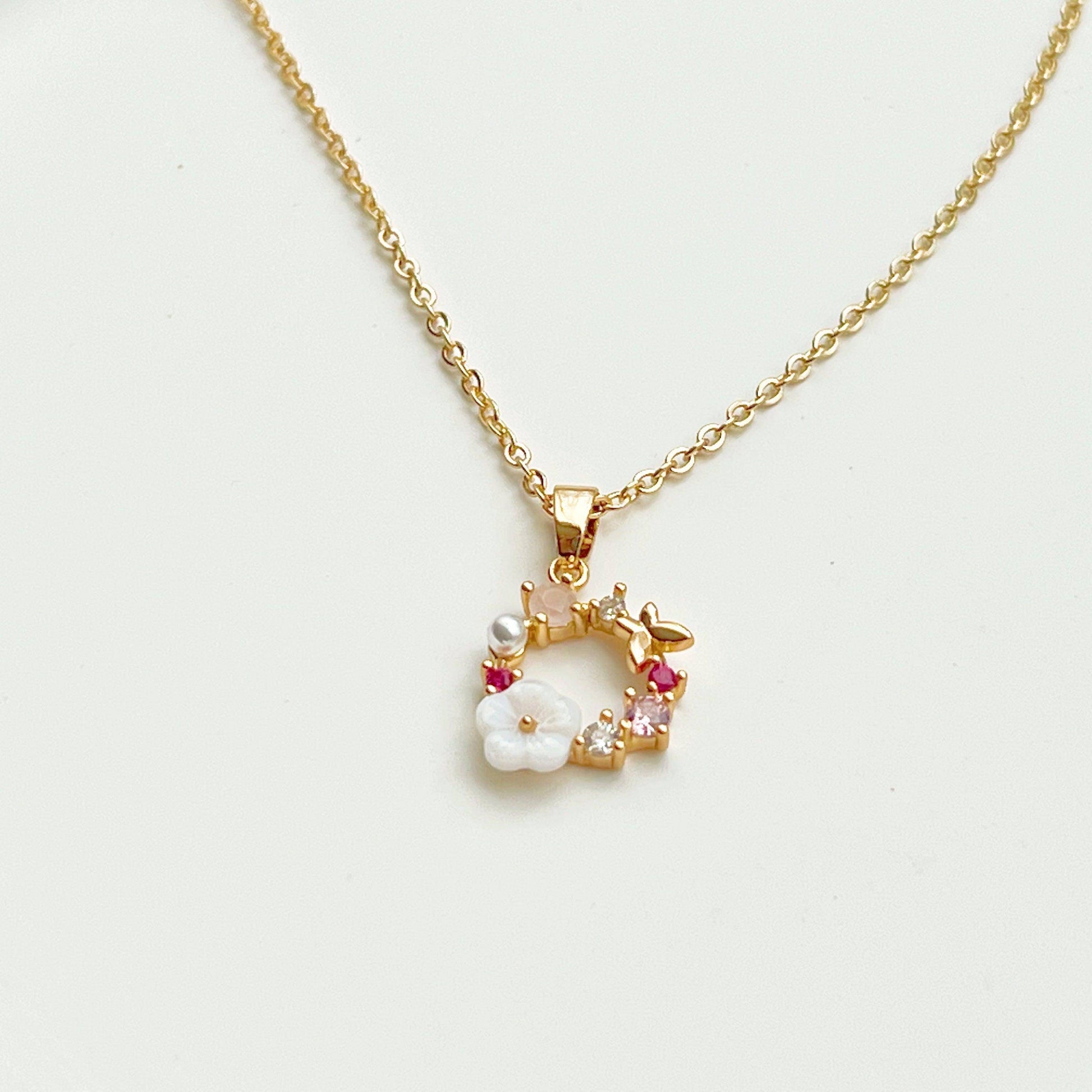 Gold Flower Wreath Charm Necklace-Ninaouity