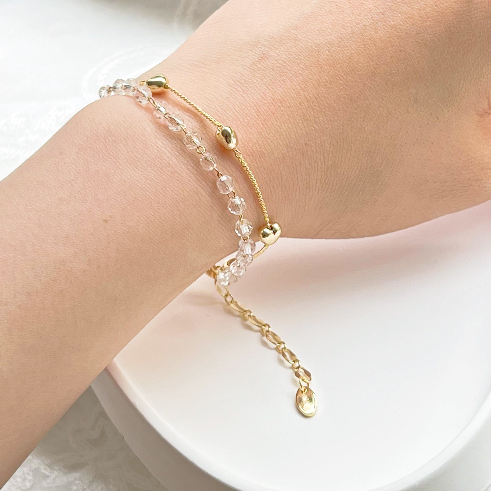 Gold Heart and Crystal Beaded Chain Bracelet-Ninaouity