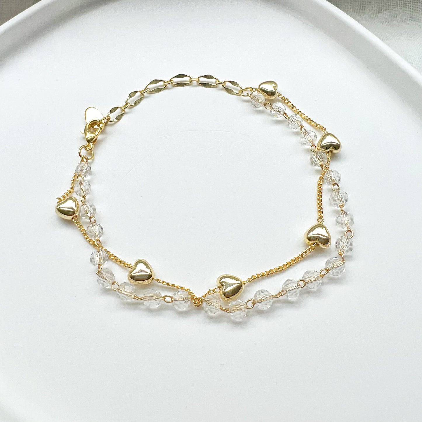 Gold Heart and Crystal Beaded Chain Bracelet-Ninaouity