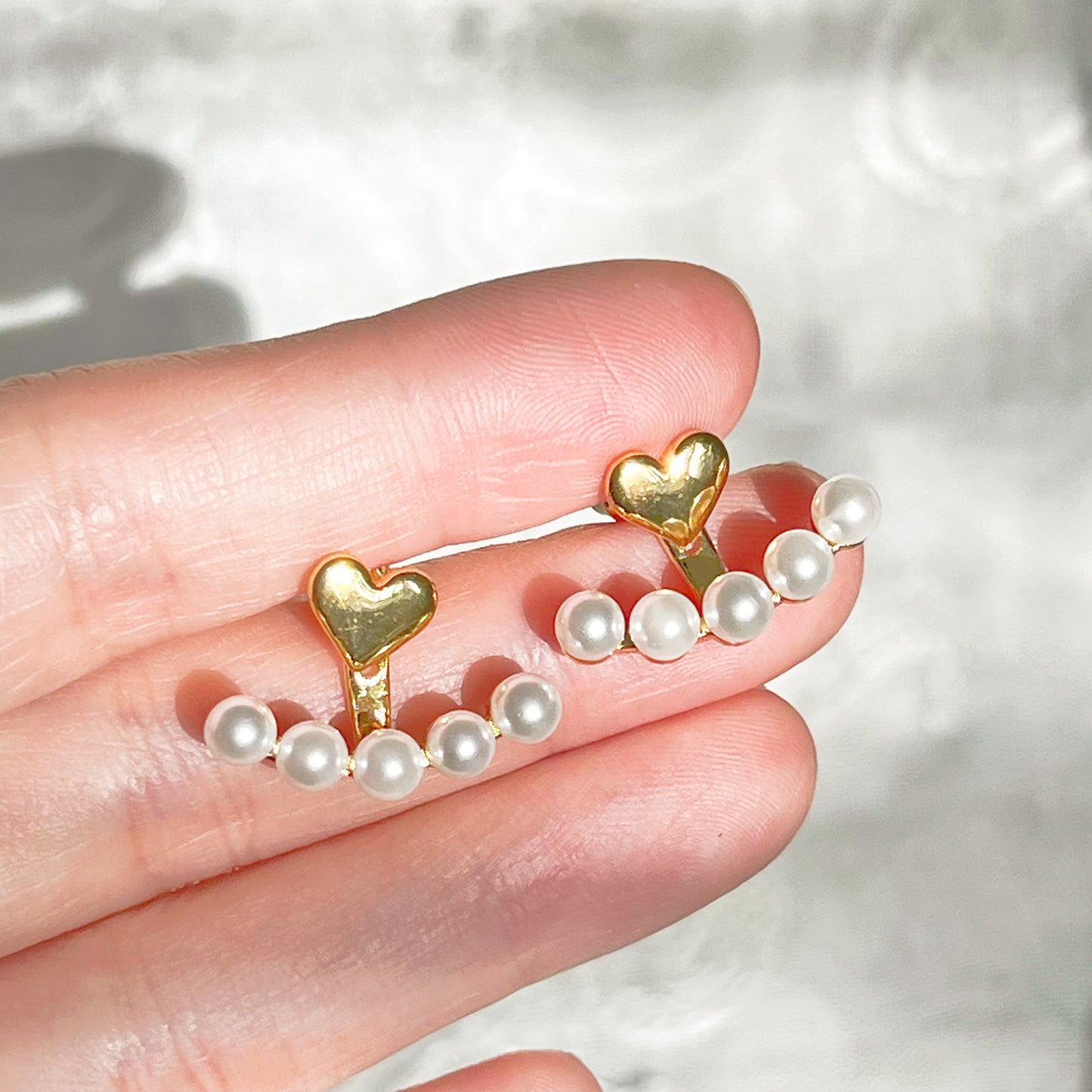 Gold Heart and Pearls Ear Jackets-Ninaouity