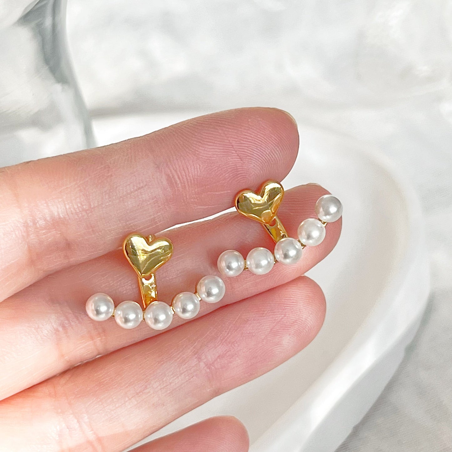Gold Heart and Pearls Ear Jackets-Ninaouity