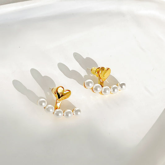 Gold Heart and Pearls Ear Jackets-Ninaouity