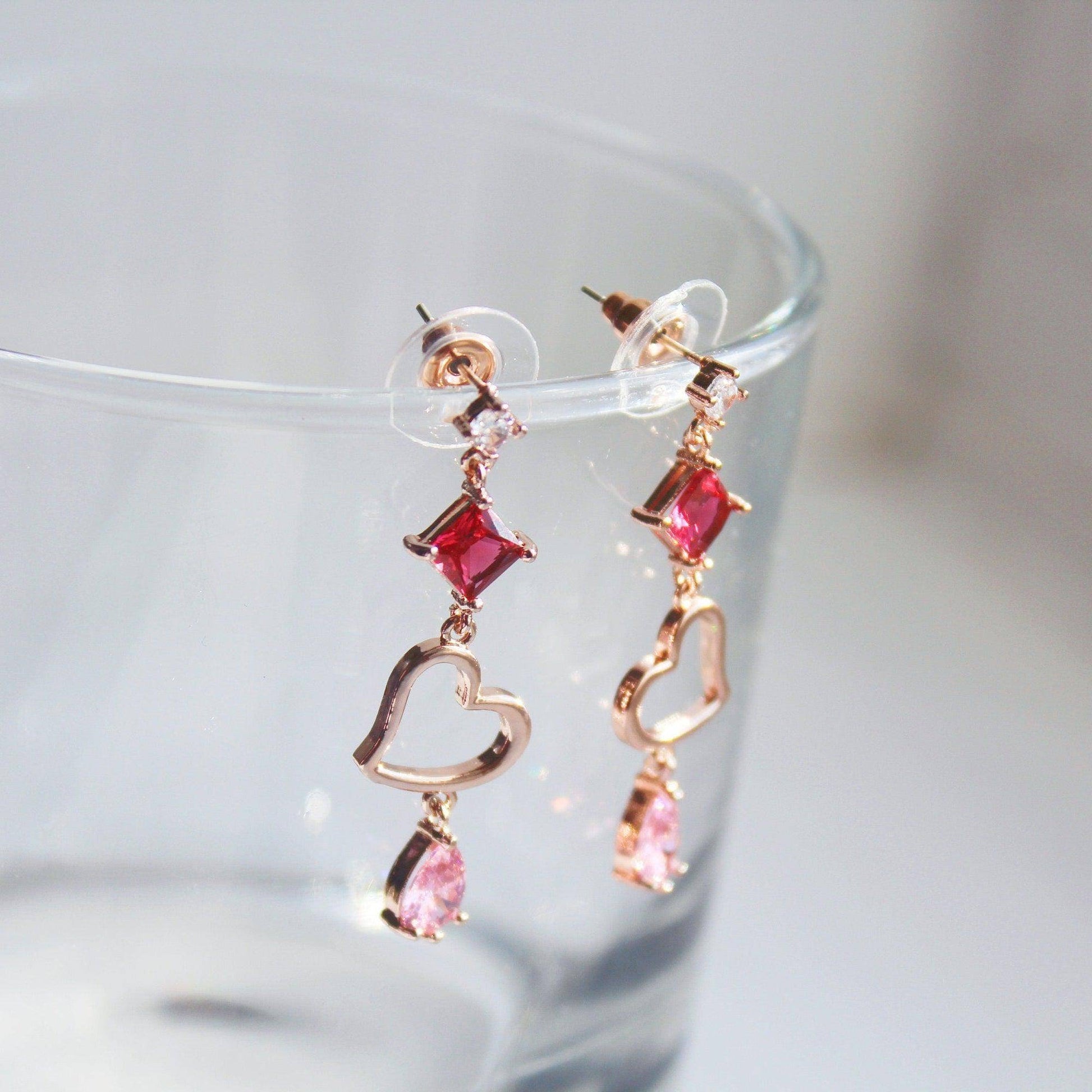 Gold Heart with Pink Crystal Drop Earrings - Sterling Silver Studs Earrings-Ninaouity