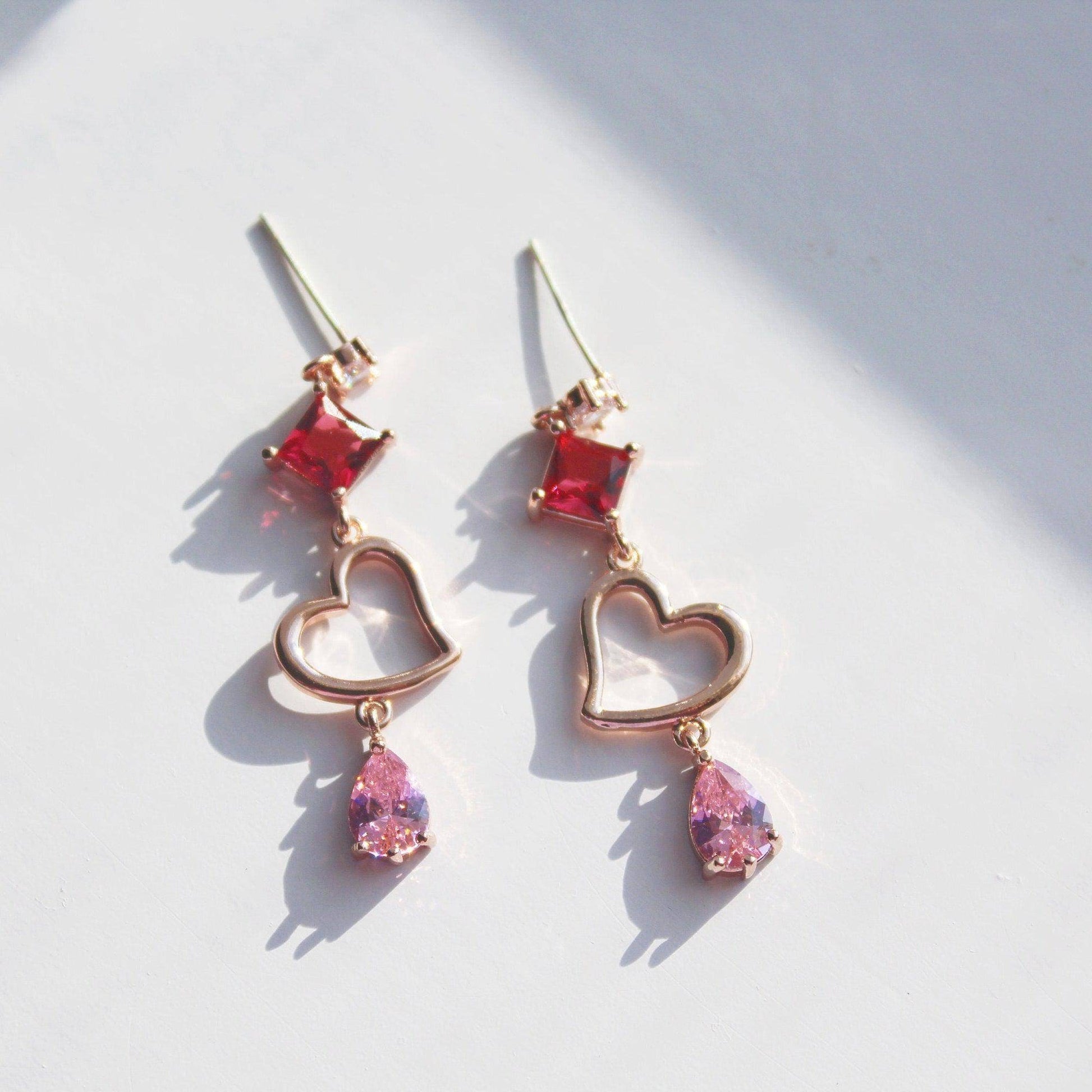 Gold Heart with Pink Crystal Drop Earrings - Sterling Silver Studs Earrings-Ninaouity