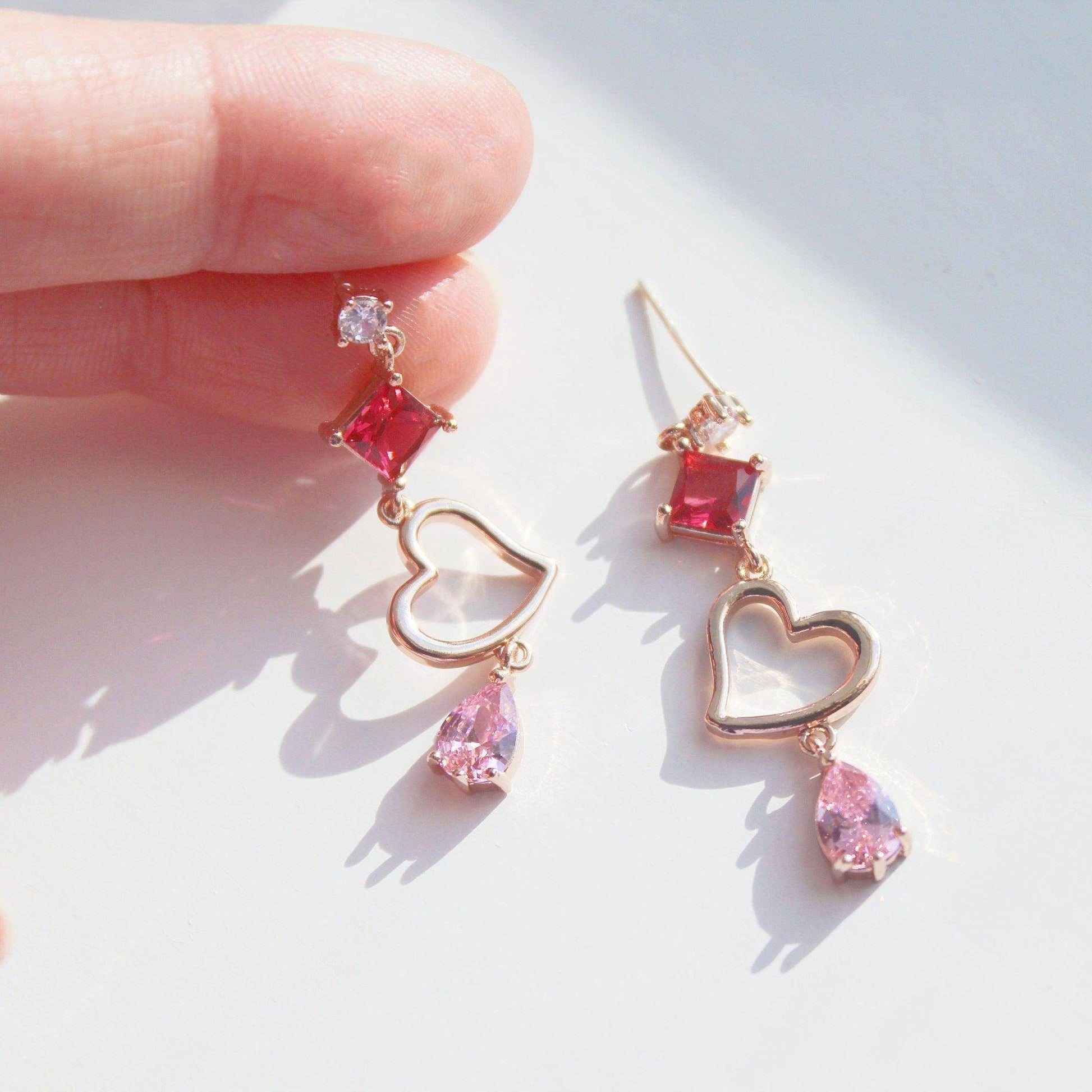 Gold Heart with Pink Crystal Drop Earrings - Sterling Silver Studs Earrings-Ninaouity